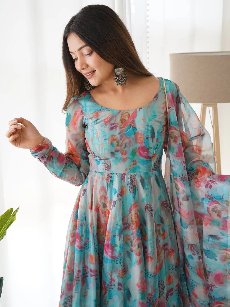 Digitally Printed Pure Soft Organza Anarkali Suit With Huge Flair Comes With Duppatta & Pant - Image 4