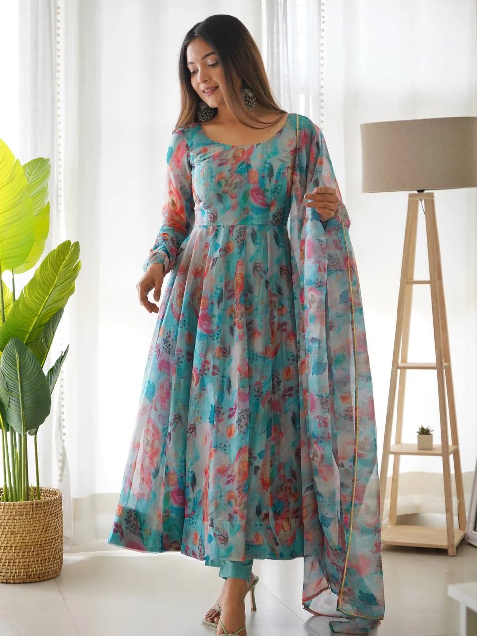 Digitally Printed Pure Soft Organza Anarkali Suit With Huge Flair Comes With Duppatta & Pant - Image 5
