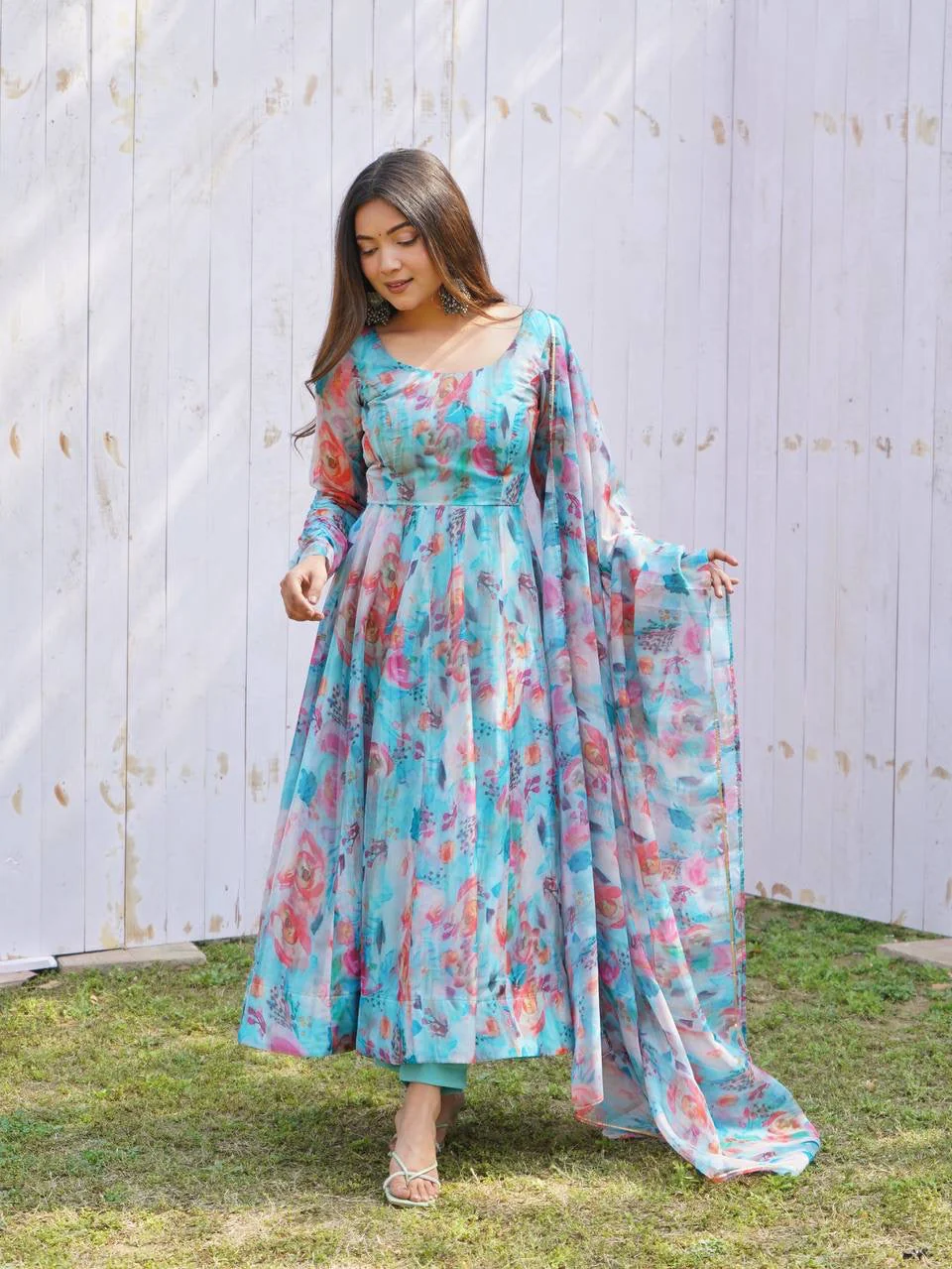Digitally Printed Pure Soft Organza Anarkali Suit With Huge Flair Comes With Duppatta & Pant - Image 6
