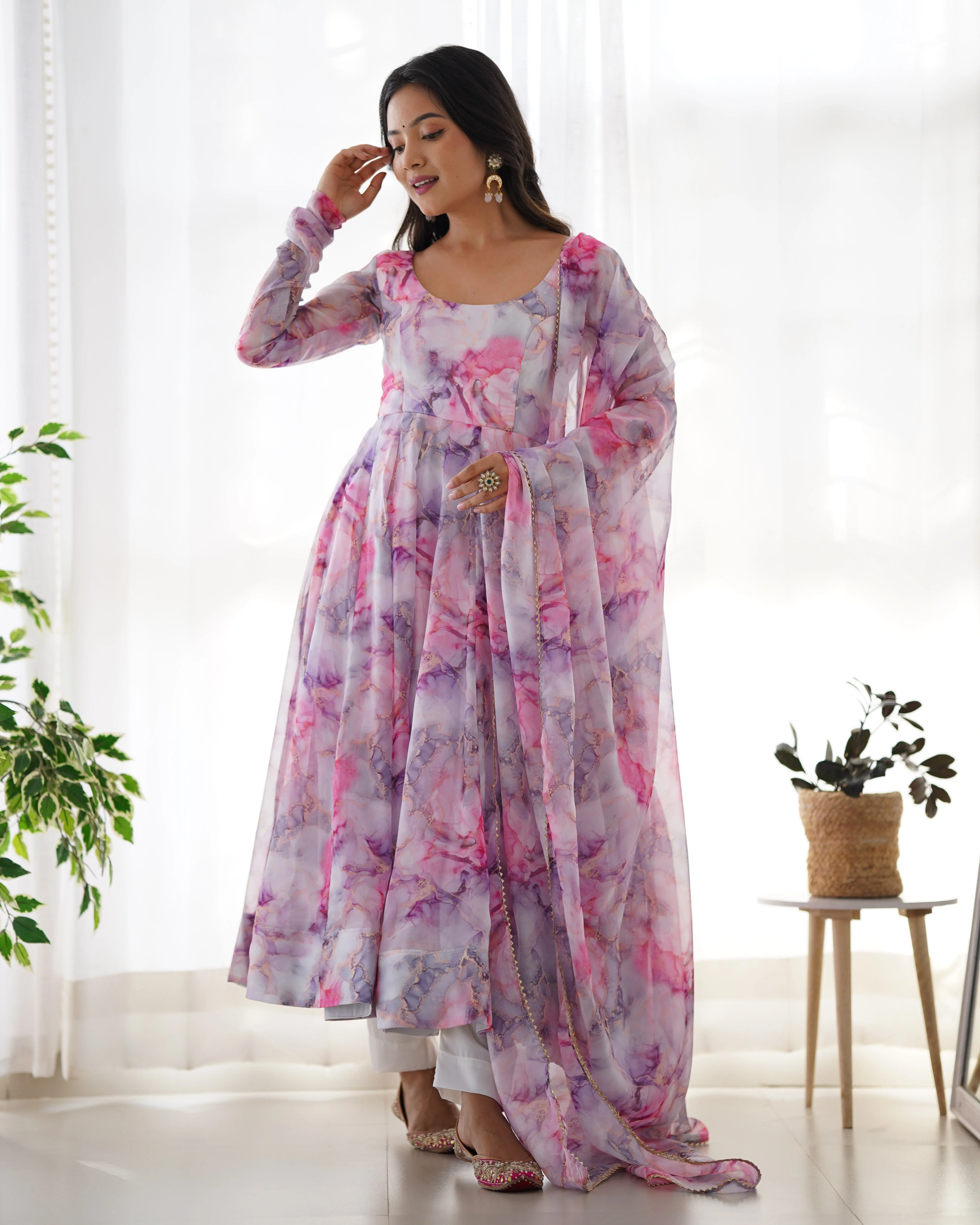 Digitally Printed Pure Soft Organza Anarkali Suit With Huge Flair Comes With Duppatta & Pant - Image 3