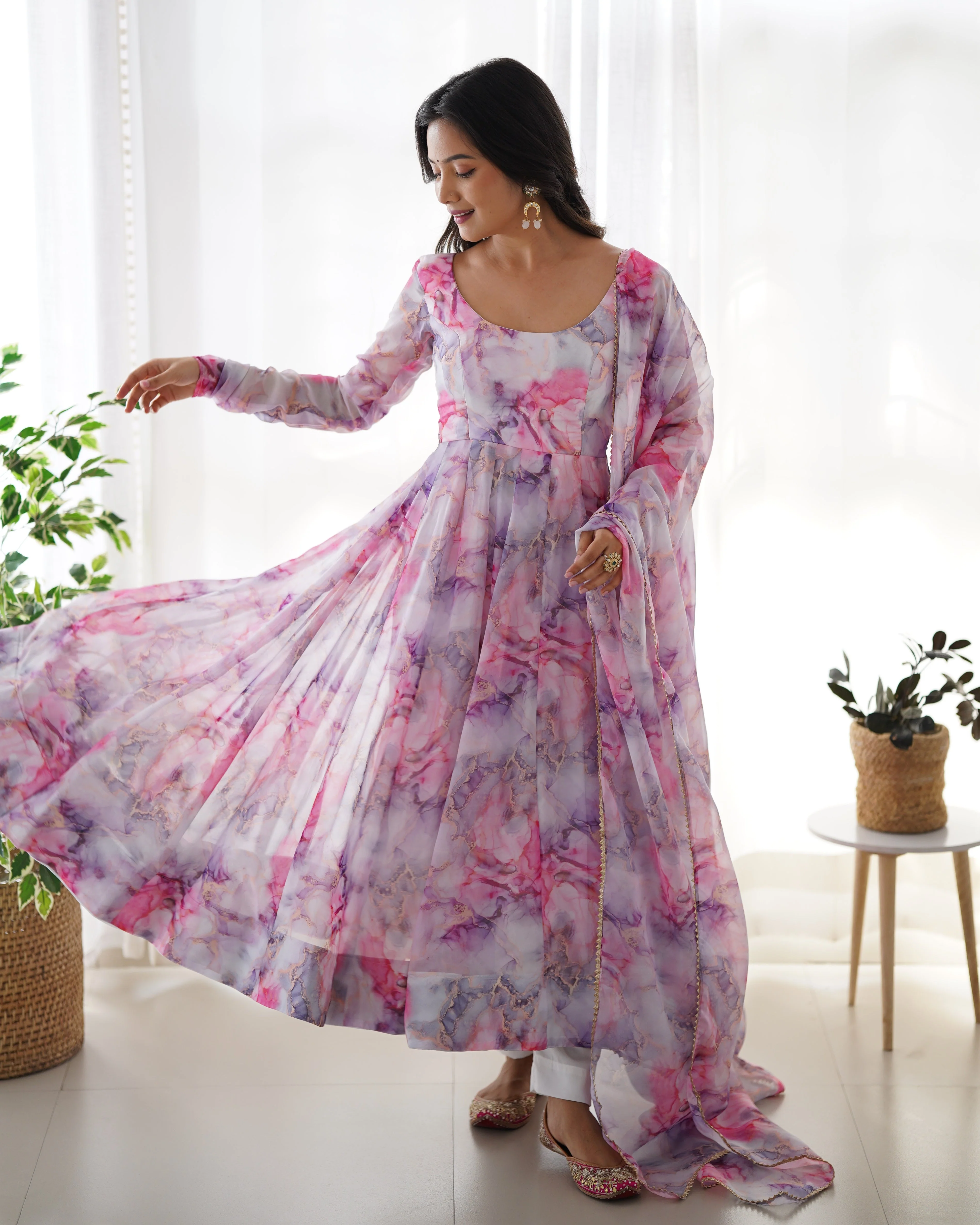 Digitally Printed Pure Soft Organza Anarkali Suit With Huge Flair Comes With Duppatta & Pant - Image 4