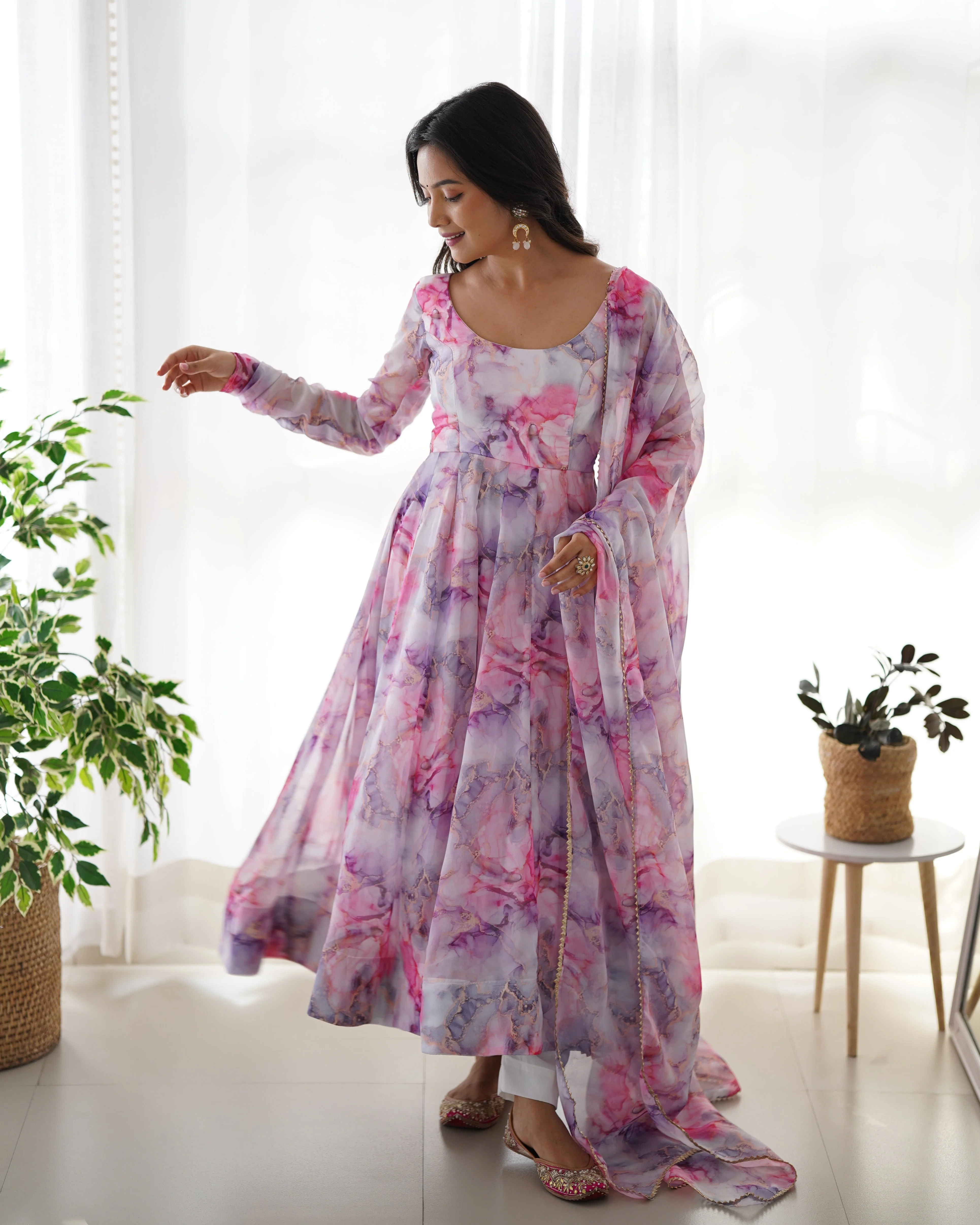 Digitally Printed Pure Soft Organza Anarkali Suit With Huge Flair Comes With Duppatta & Pant - Image 5