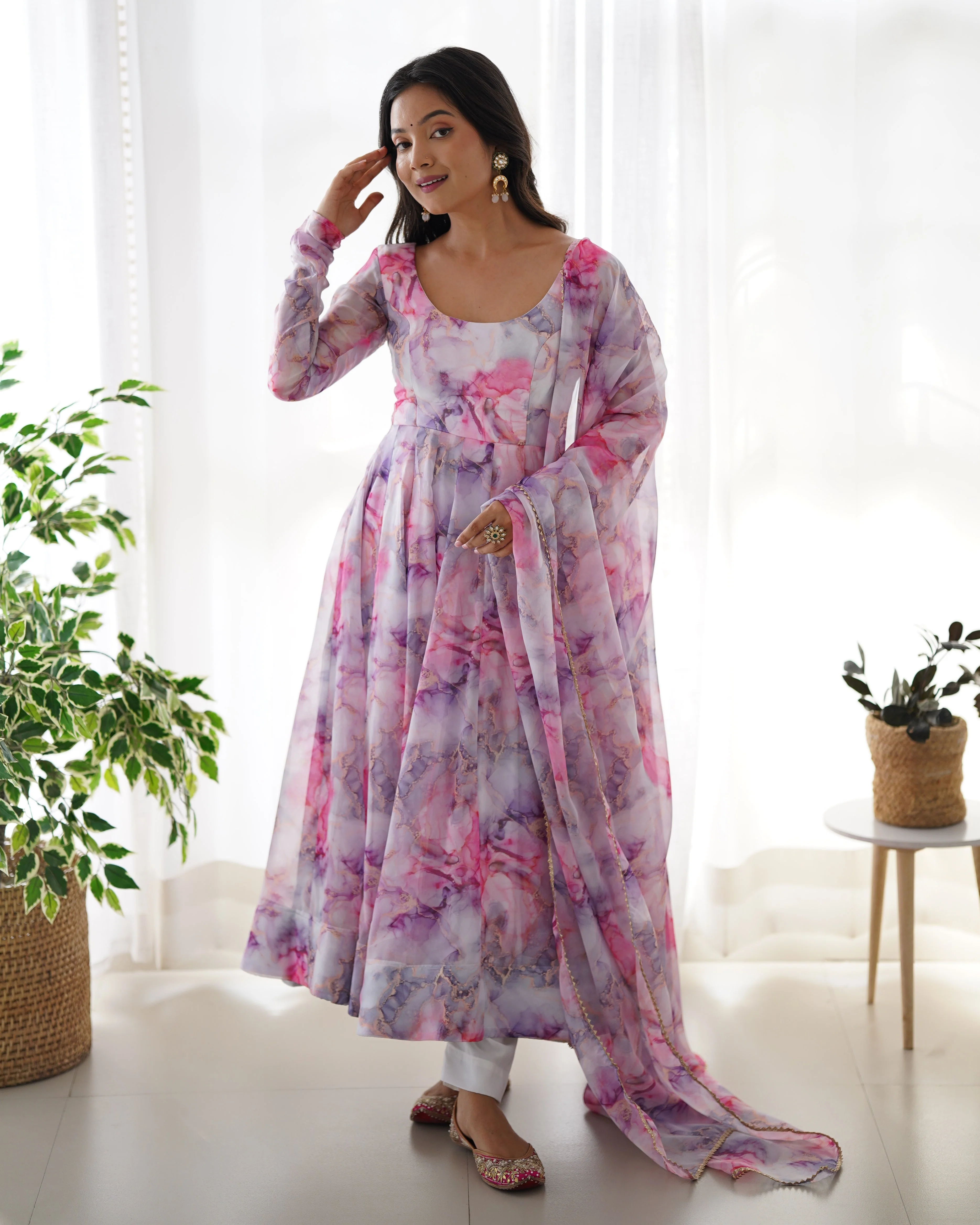 Digitally Printed Pure Soft Organza Anarkali Suit With Huge Flair Comes With Duppatta & Pant - Image 6