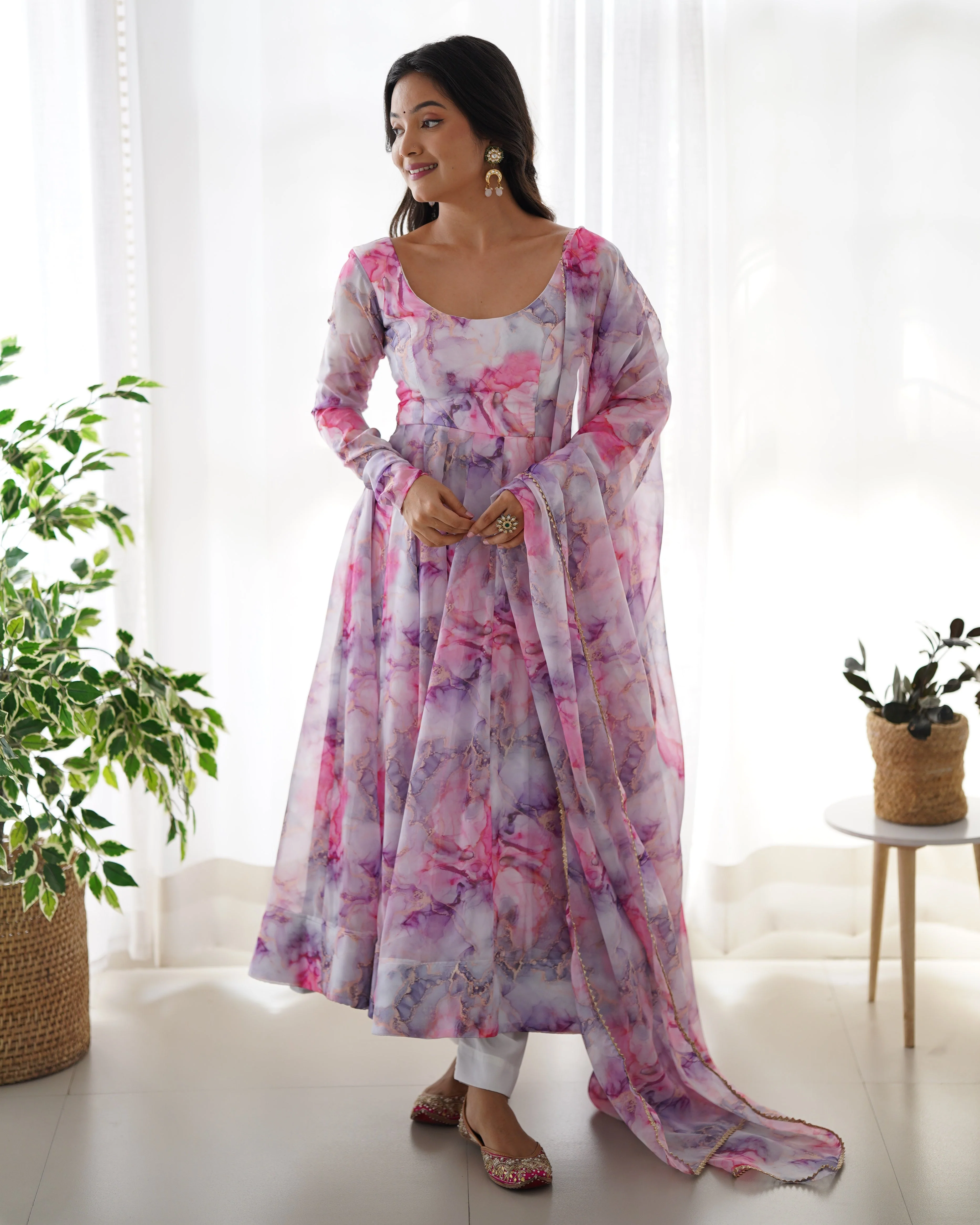 Digitally Printed Pure Soft Organza Anarkali Suit With Huge Flair Comes With Duppatta & Pant - Image 7