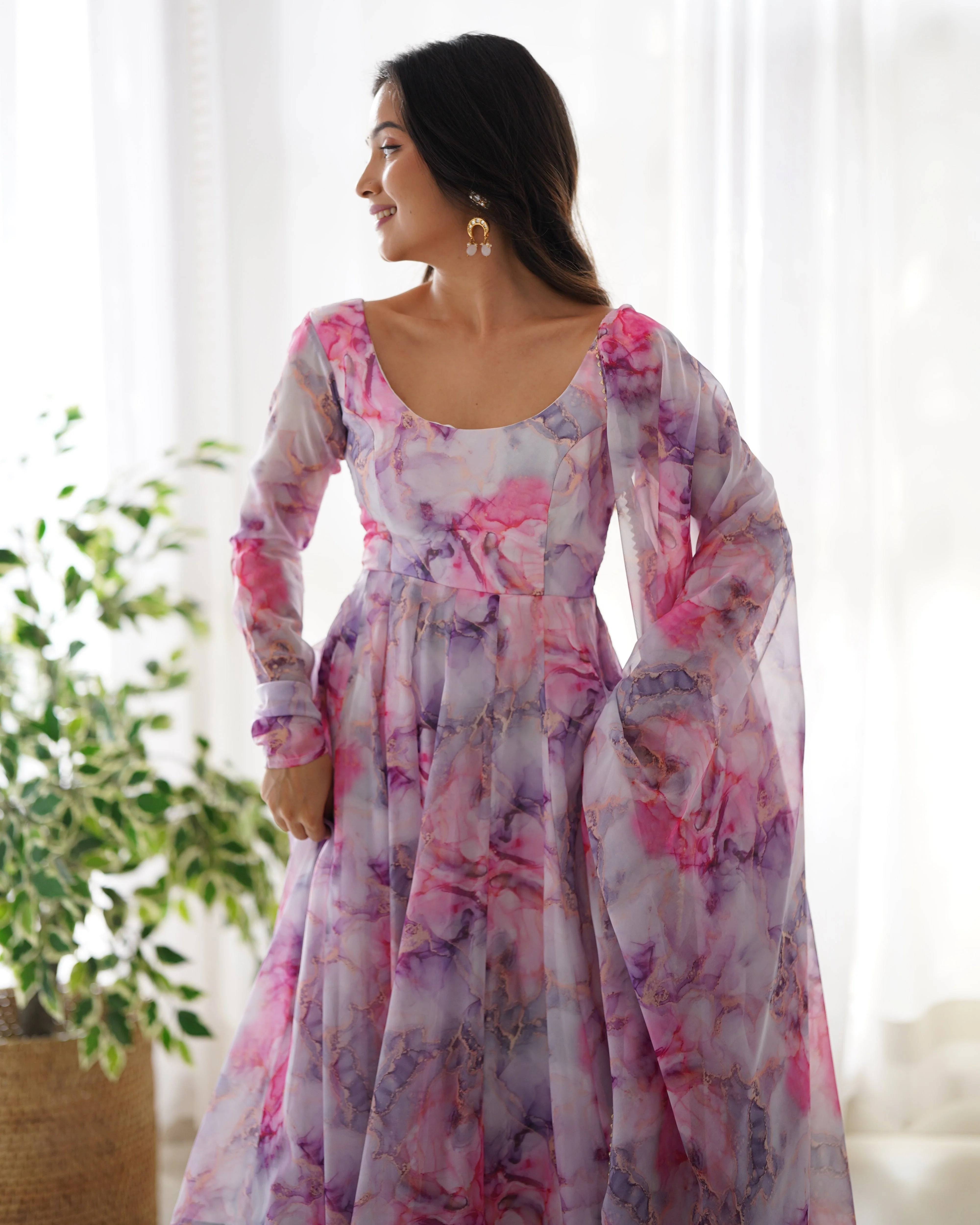 Digitally Printed Pure Soft Organza Anarkali Suit With Huge Flair Comes With Duppatta & Pant - Image 8