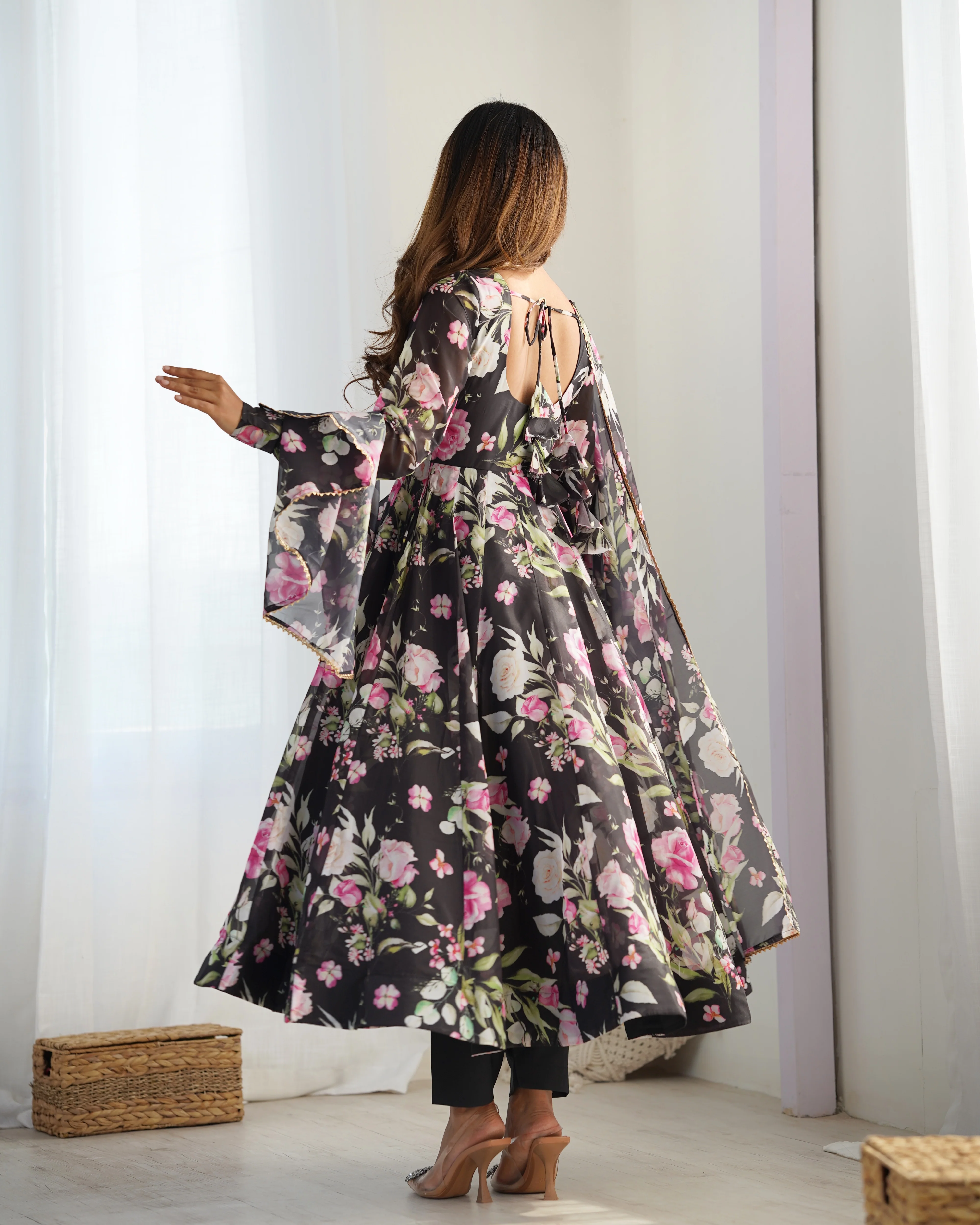 Digitally Printed Pure Soft Organza Anarkali Suit With Huge Flair Comes With Duppatta & Pant - Black - Image 8