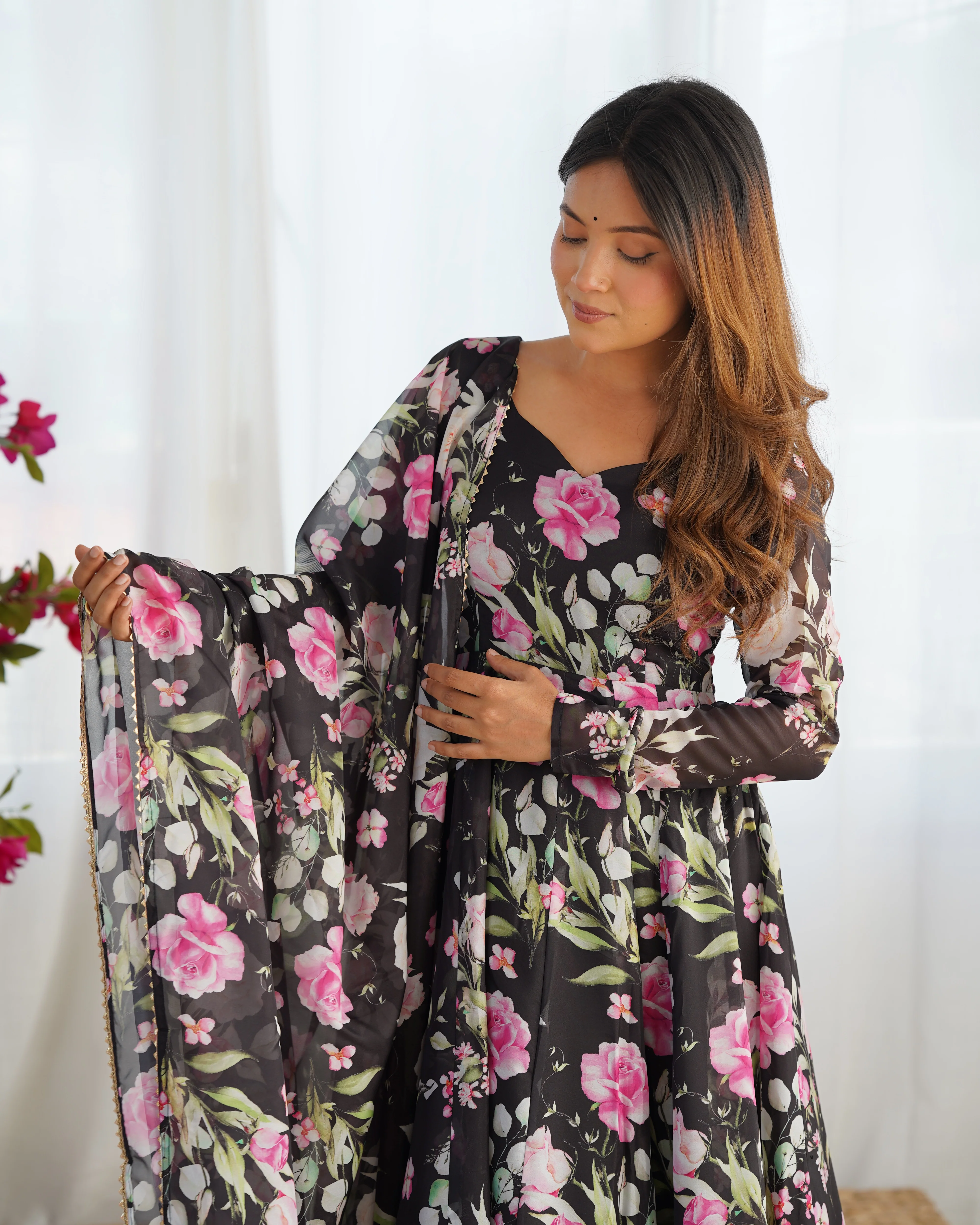 Digitally Printed Pure Soft Organza Anarkali Suit With Huge Flair Comes With Duppatta & Pant - Black - Image 9
