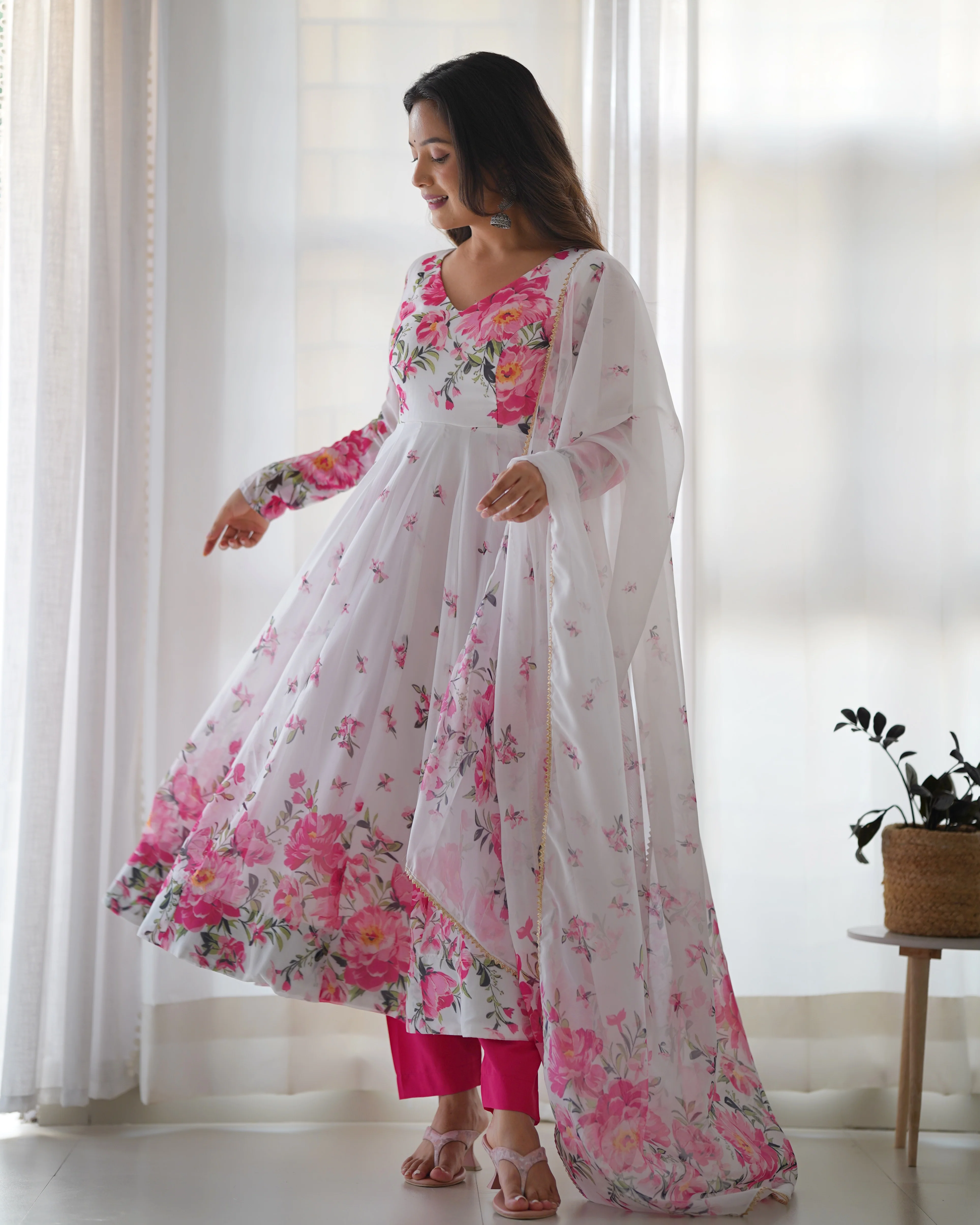 Digitally Printed Pure Soft Organza Anarkali Suit With Huge Flair Comes With Duppatta & Pant - Image 8