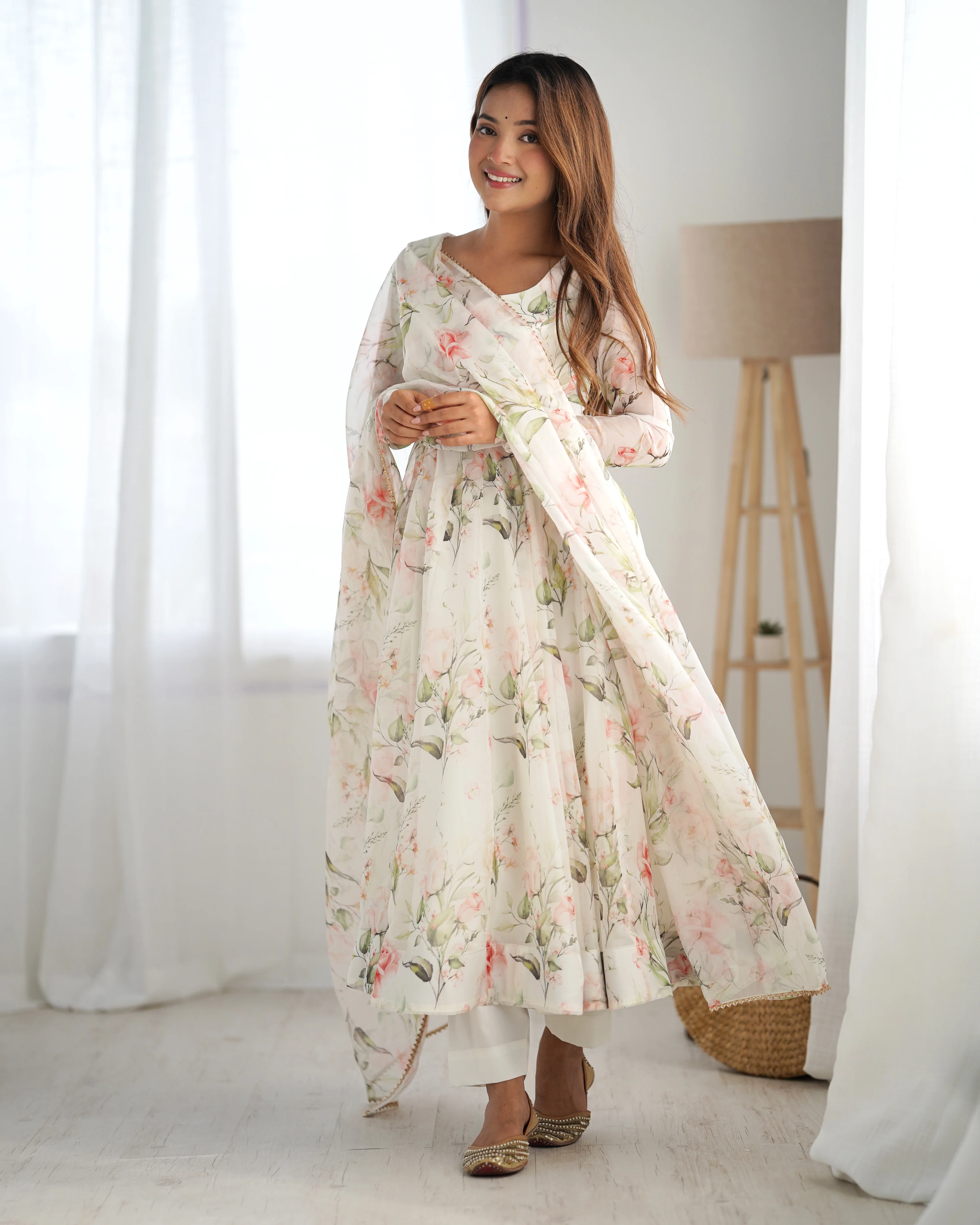 Digitally Printed Pure Soft Organza Anarkali Suit With Huge Flair Comes With Duppatta & Pant - Image 11