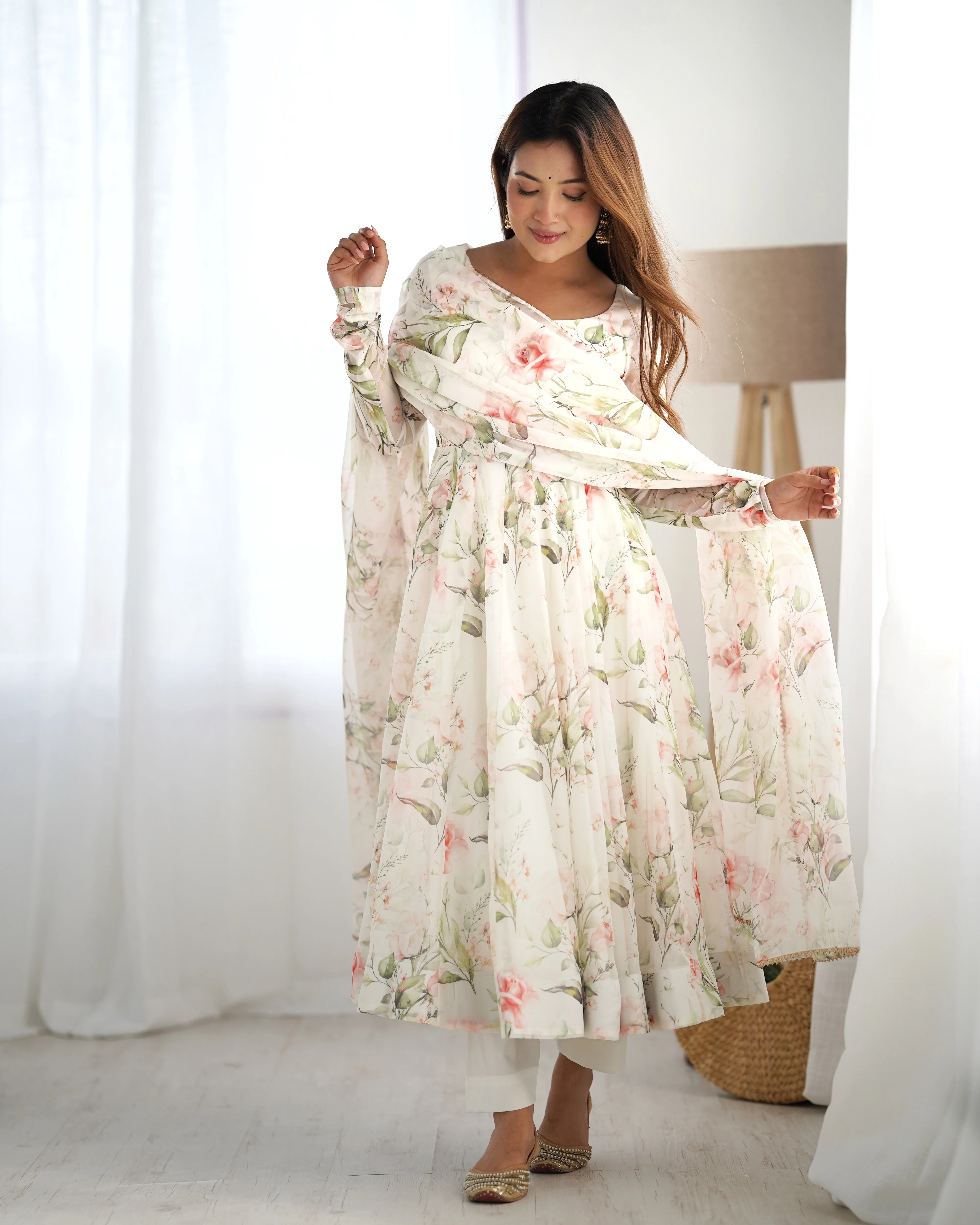 Digitally Printed Pure Soft Organza Anarkali Suit With Huge Flair Comes With Duppatta & Pant - Image 2