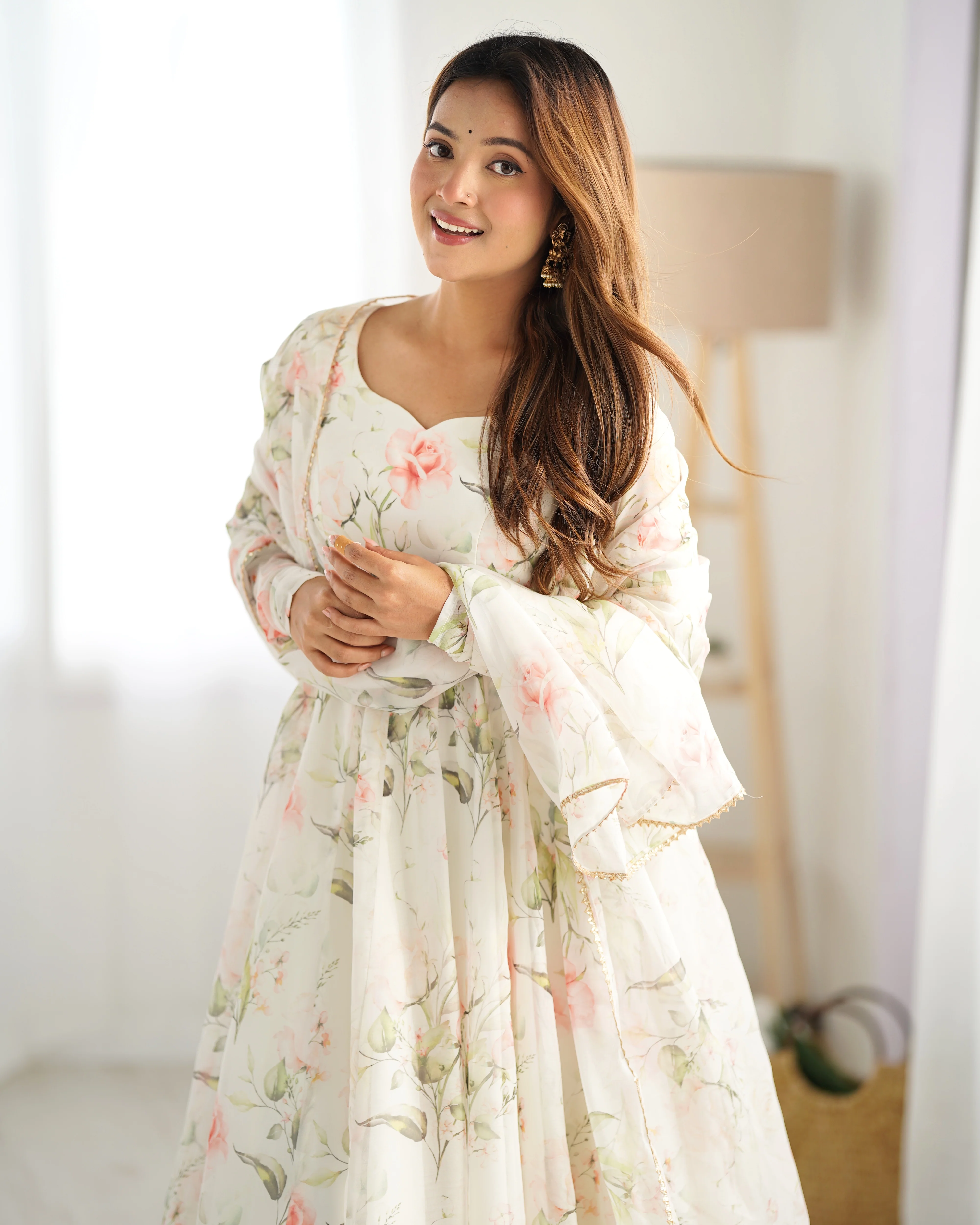 Digitally Printed Pure Soft Organza Anarkali Suit With Huge Flair Comes With Duppatta & Pant - Image 3