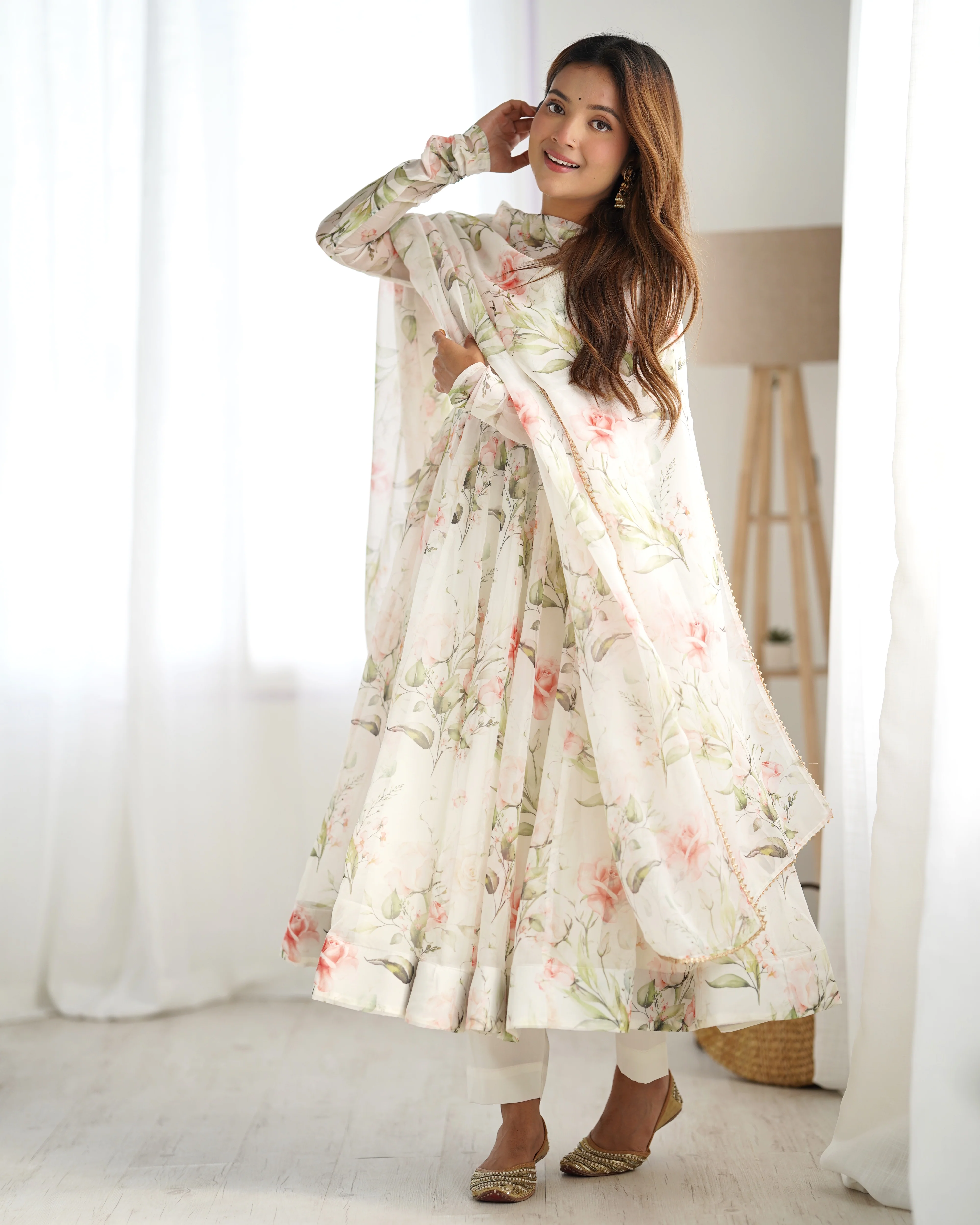 Digitally Printed Pure Soft Organza Anarkali Suit With Huge Flair Comes With Duppatta & Pant - Image 5