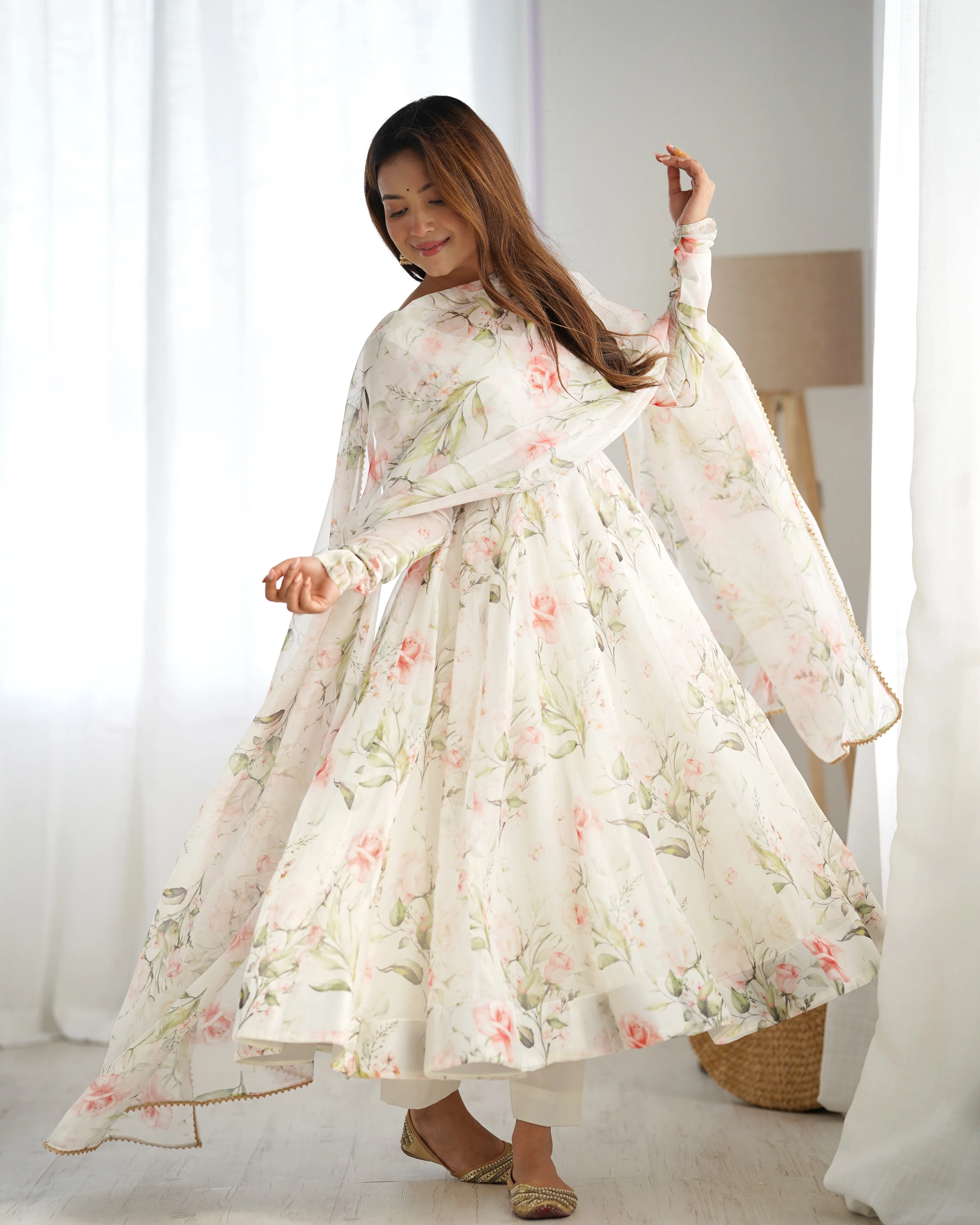 Digitally Printed Pure Soft Organza Anarkali Suit With Huge Flair Comes With Duppatta & Pant - Image 6