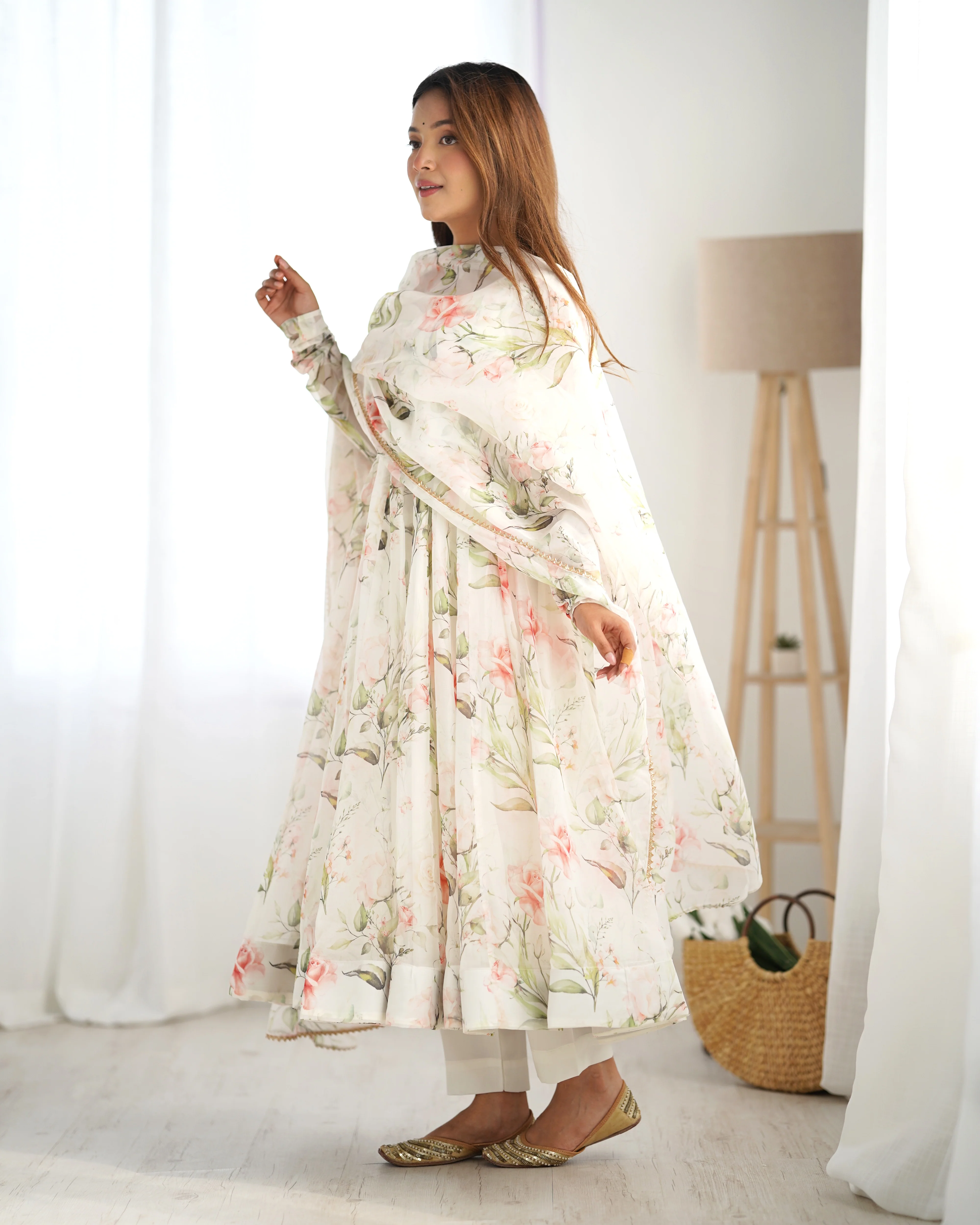 Digitally Printed Pure Soft Organza Anarkali Suit With Huge Flair Comes With Duppatta & Pant - Image 8