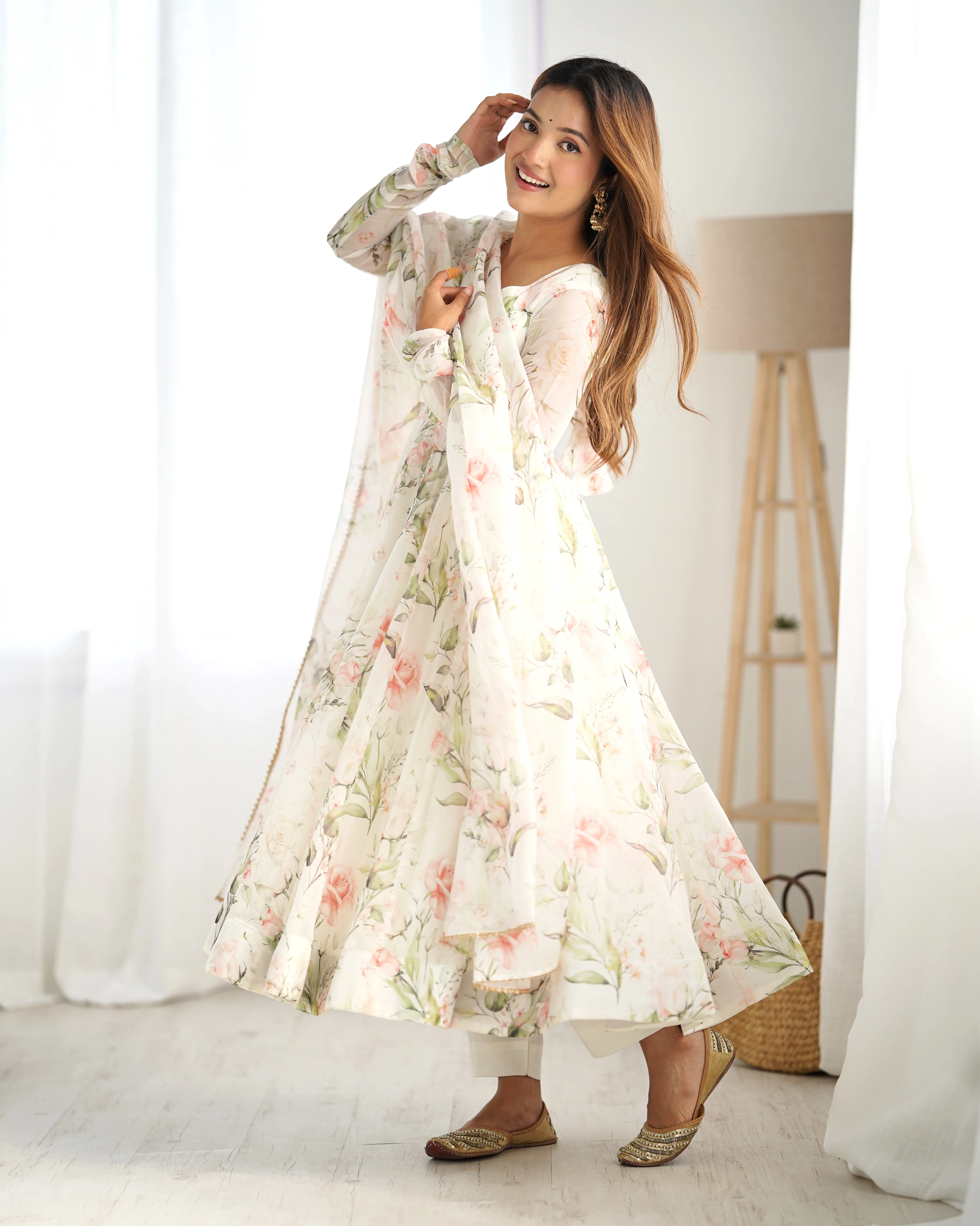 Digitally Printed Pure Soft Organza Anarkali Suit With Huge Flair Comes With Duppatta & Pant - Image 9