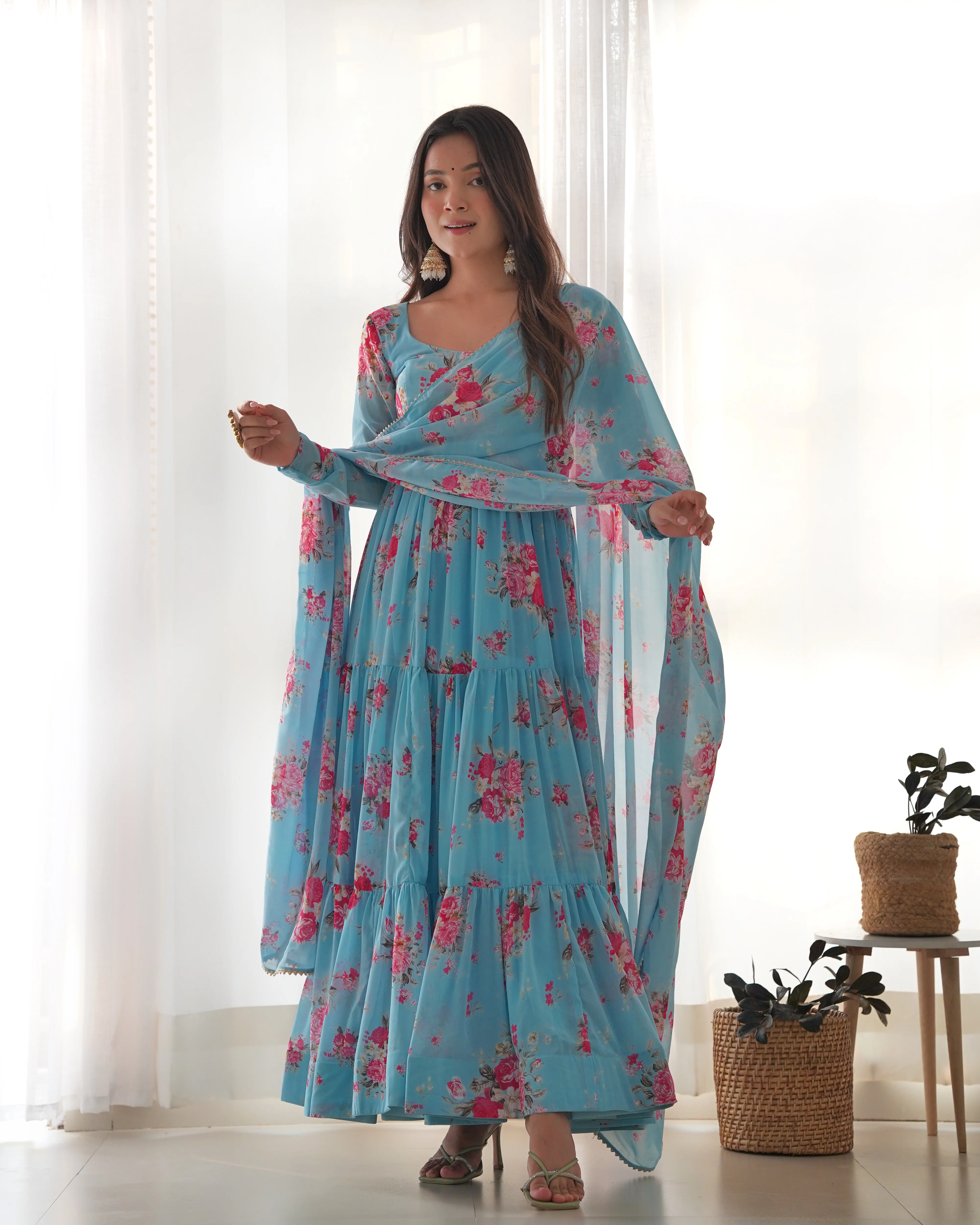 Digitally Printed Pure Soft Faux Georgette Anarkali Suit With Huge Flair Comes With Duppatta & Pant - Image 2