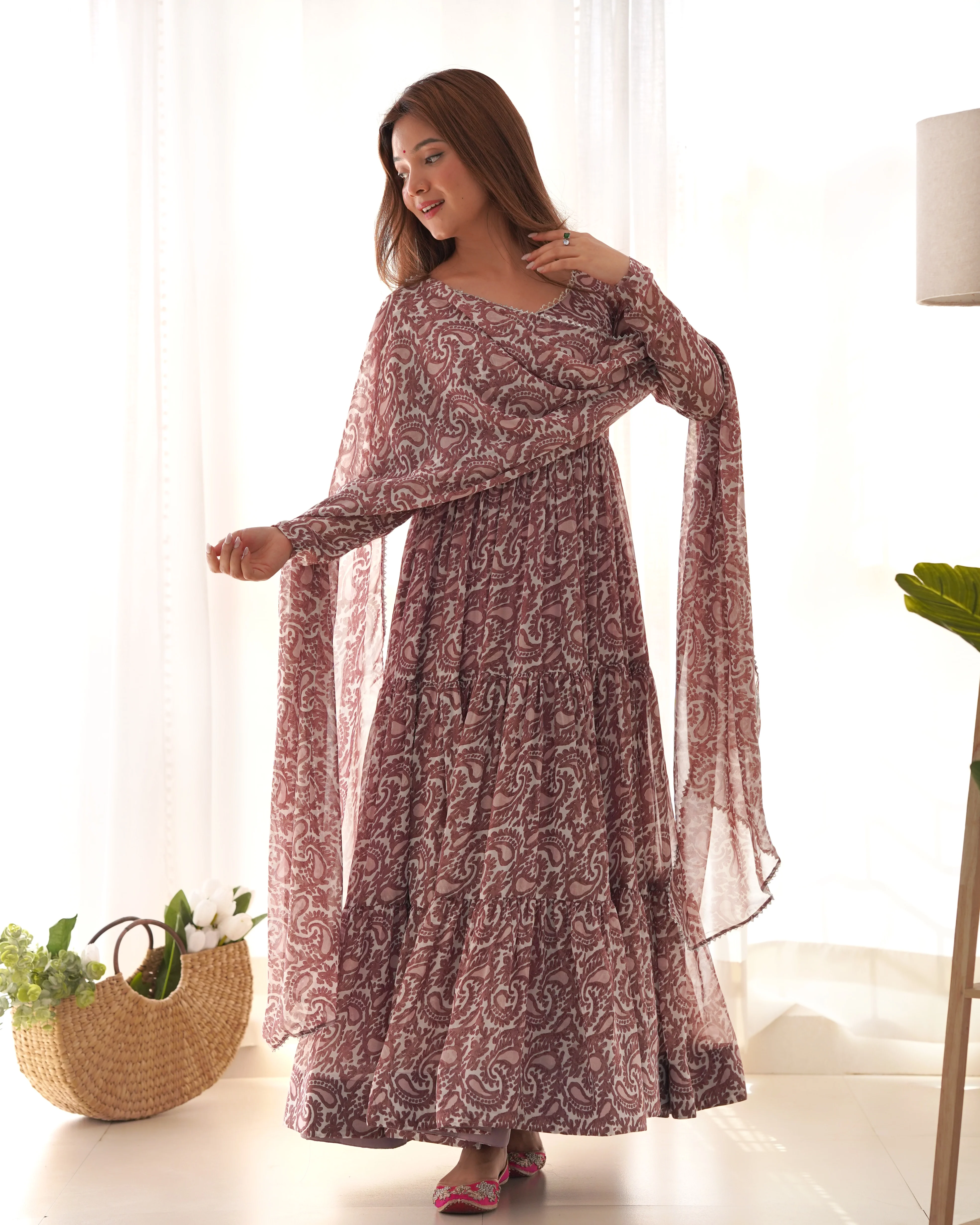 Digitally Printed Pure Soft Organza Anarkali Suit With Huge Flair Comes With Duppatta & Pant (Copy) - Image 10