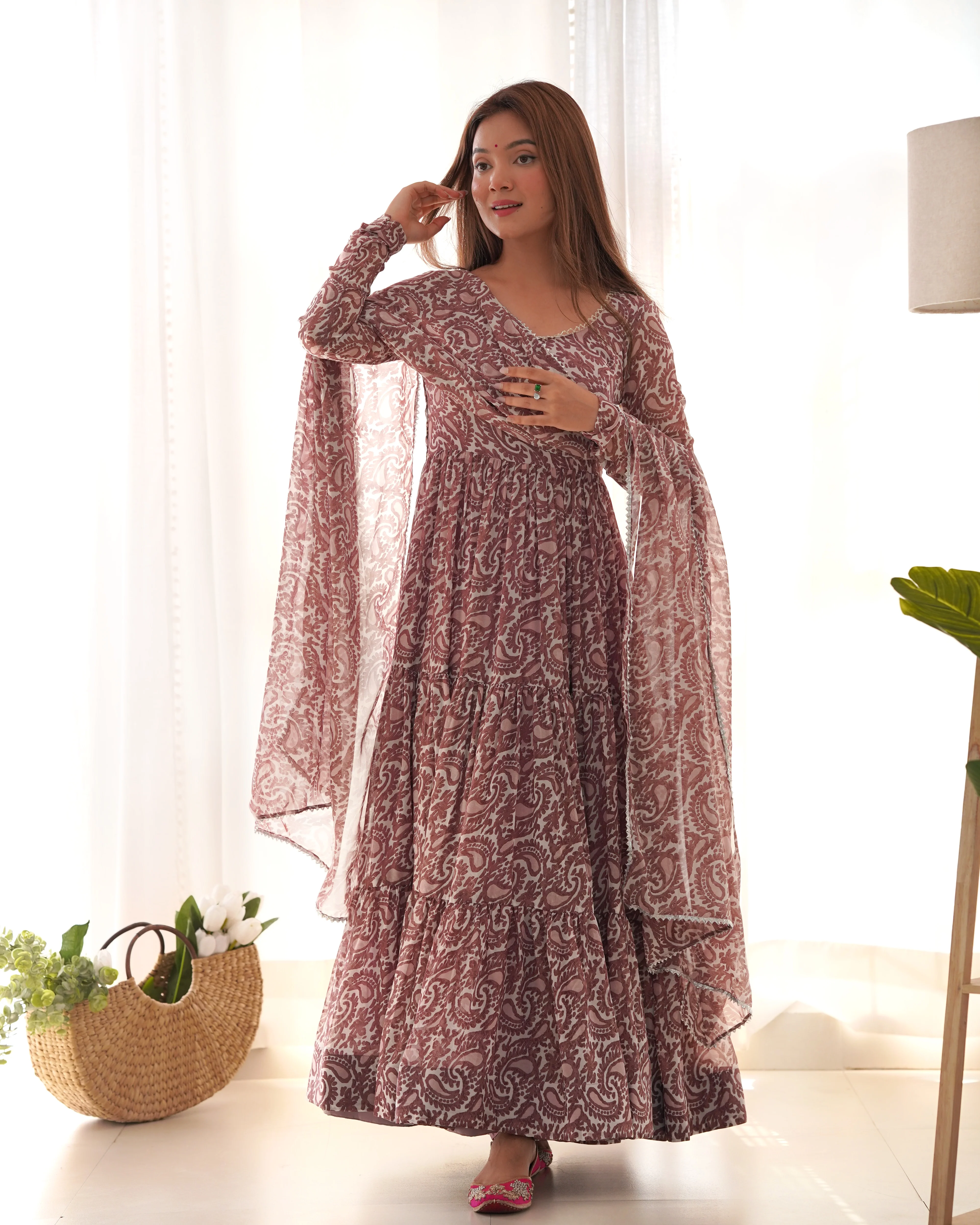 Digitally Printed Pure Soft Organza Anarkali Suit With Huge Flair Comes With Duppatta & Pant (Copy) - Image 9