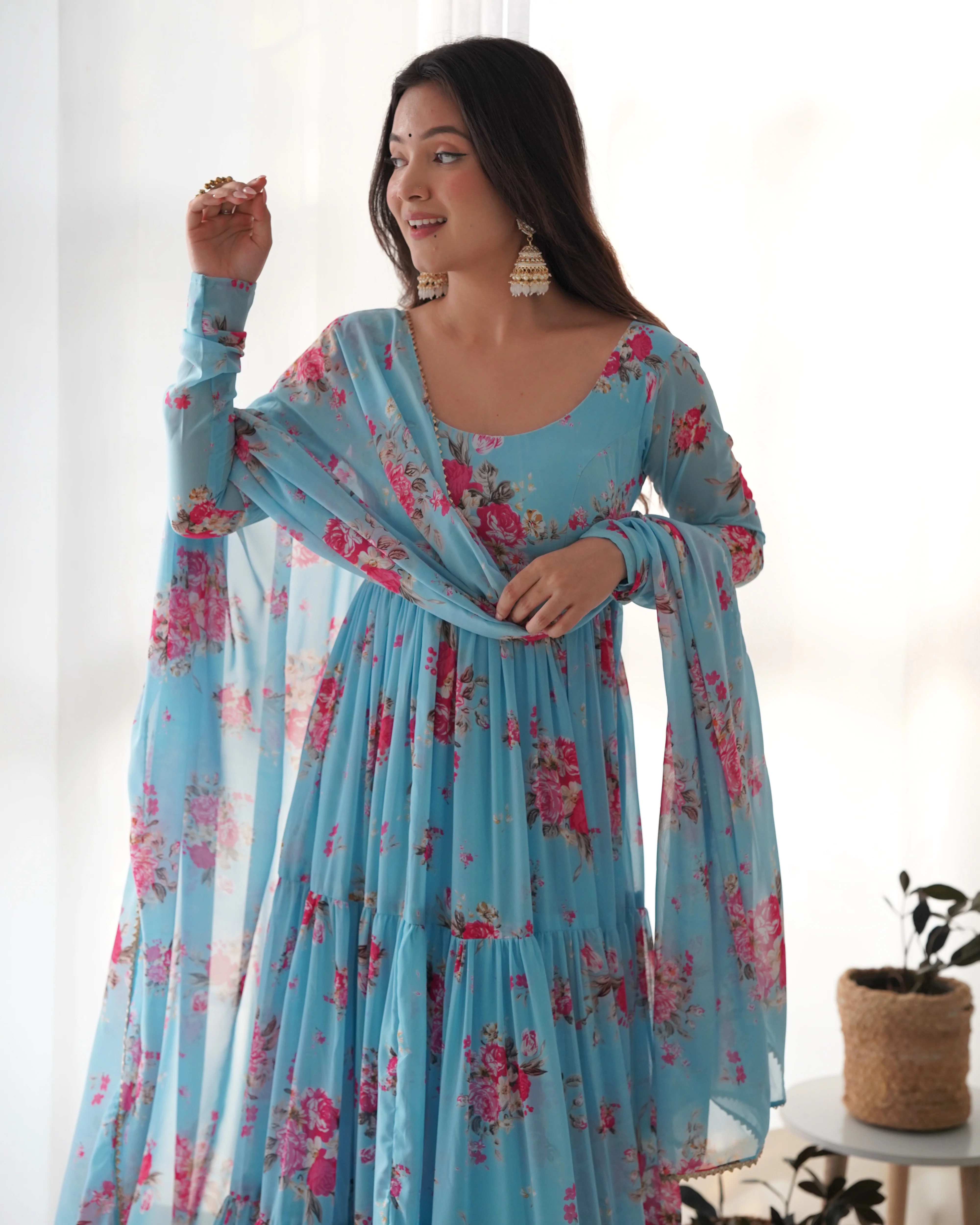 Digitally Printed Pure Soft Faux Georgette Anarkali Suit With Huge Flair Comes With Duppatta & Pant - Image 3