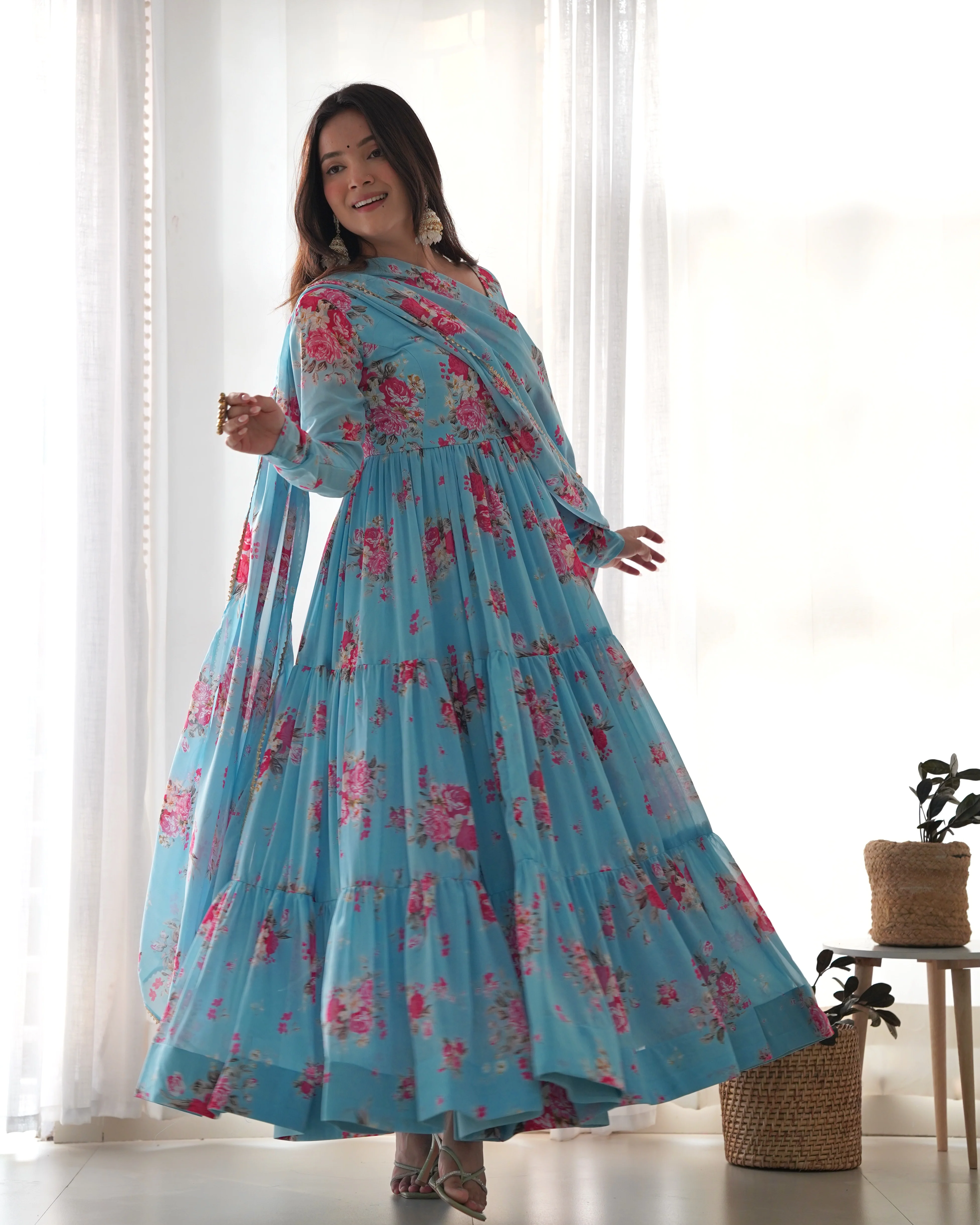 Digitally Printed Pure Soft Faux Georgette Anarkali Suit With Huge Flair Comes With Duppatta & Pant - Image 4