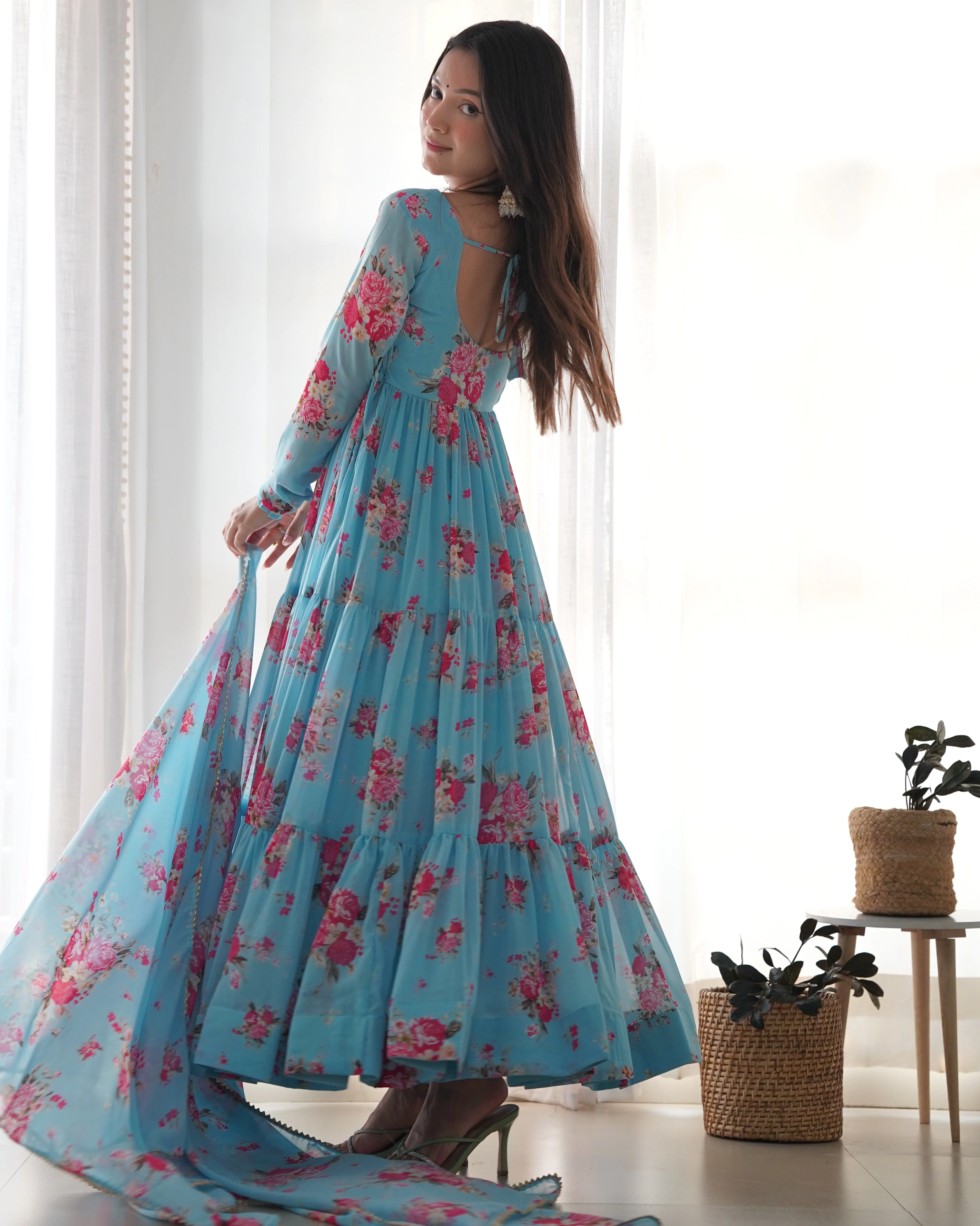 Digitally Printed Pure Soft Faux Georgette Anarkali Suit With Huge Flair Comes With Duppatta & Pant - Image 5