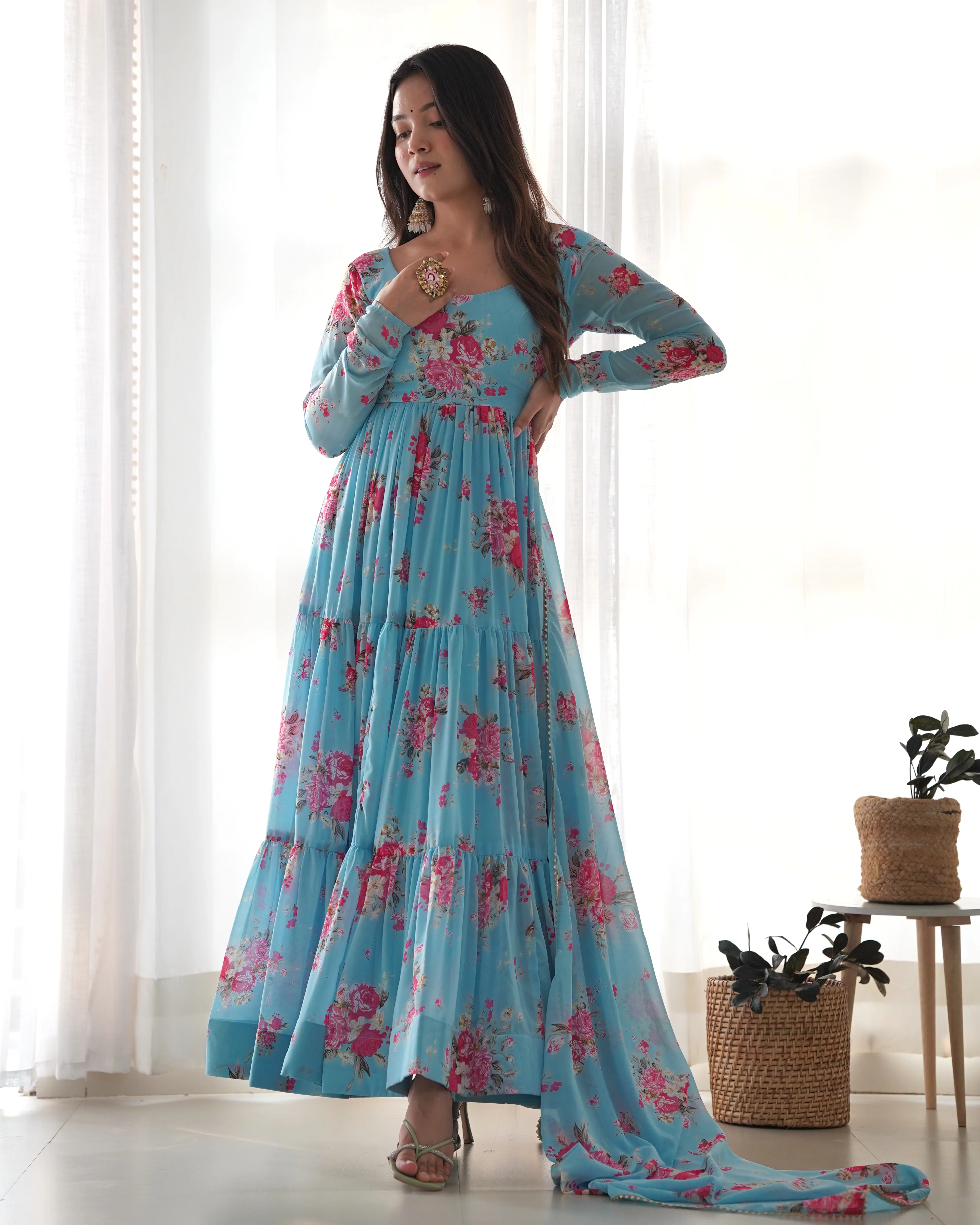 Digitally Printed Pure Soft Faux Georgette Anarkali Suit With Huge Flair Comes With Duppatta & Pant - Image 6