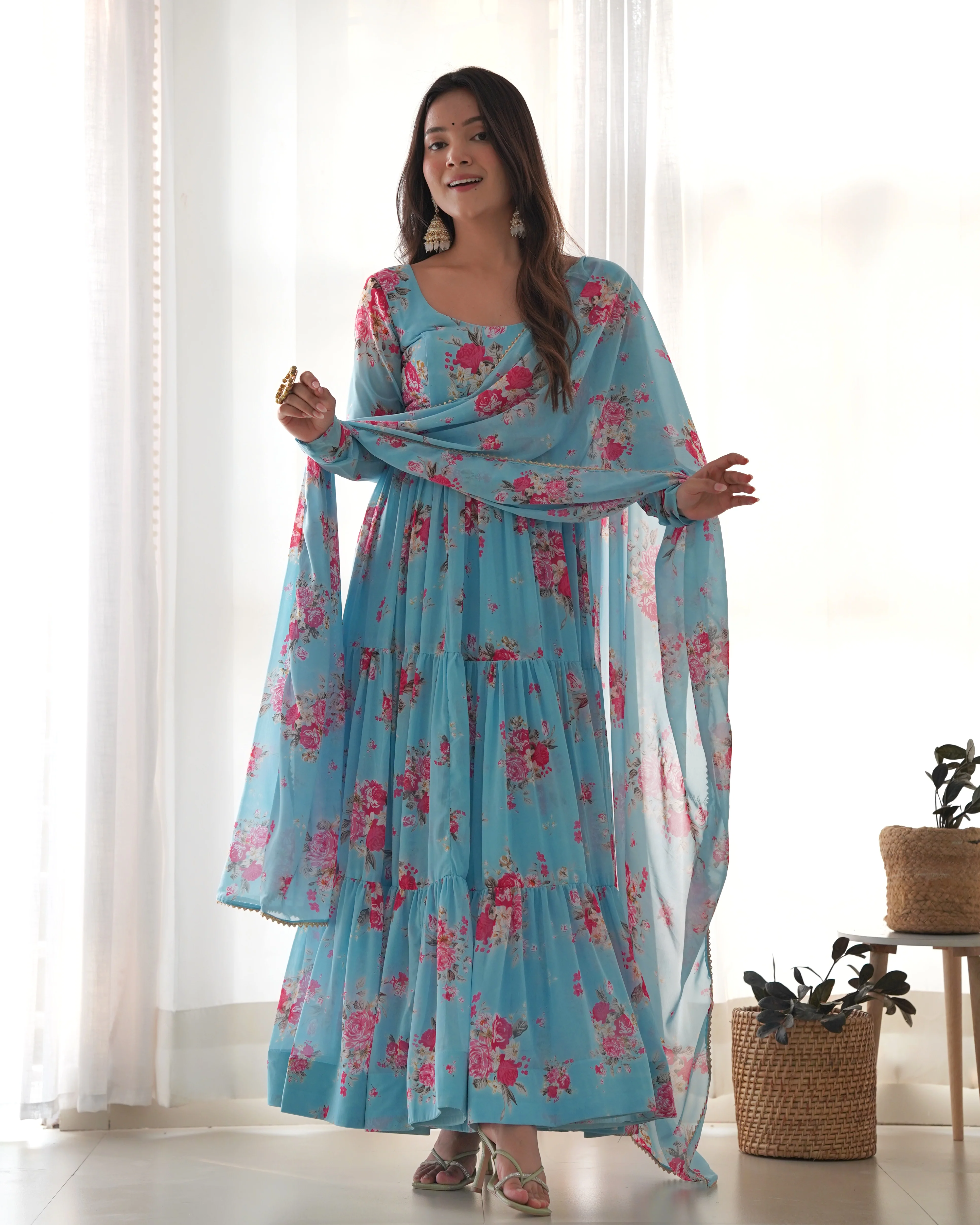 Digitally Printed Pure Soft Faux Georgette Anarkali Suit With Huge Flair Comes With Duppatta & Pant - Image 7