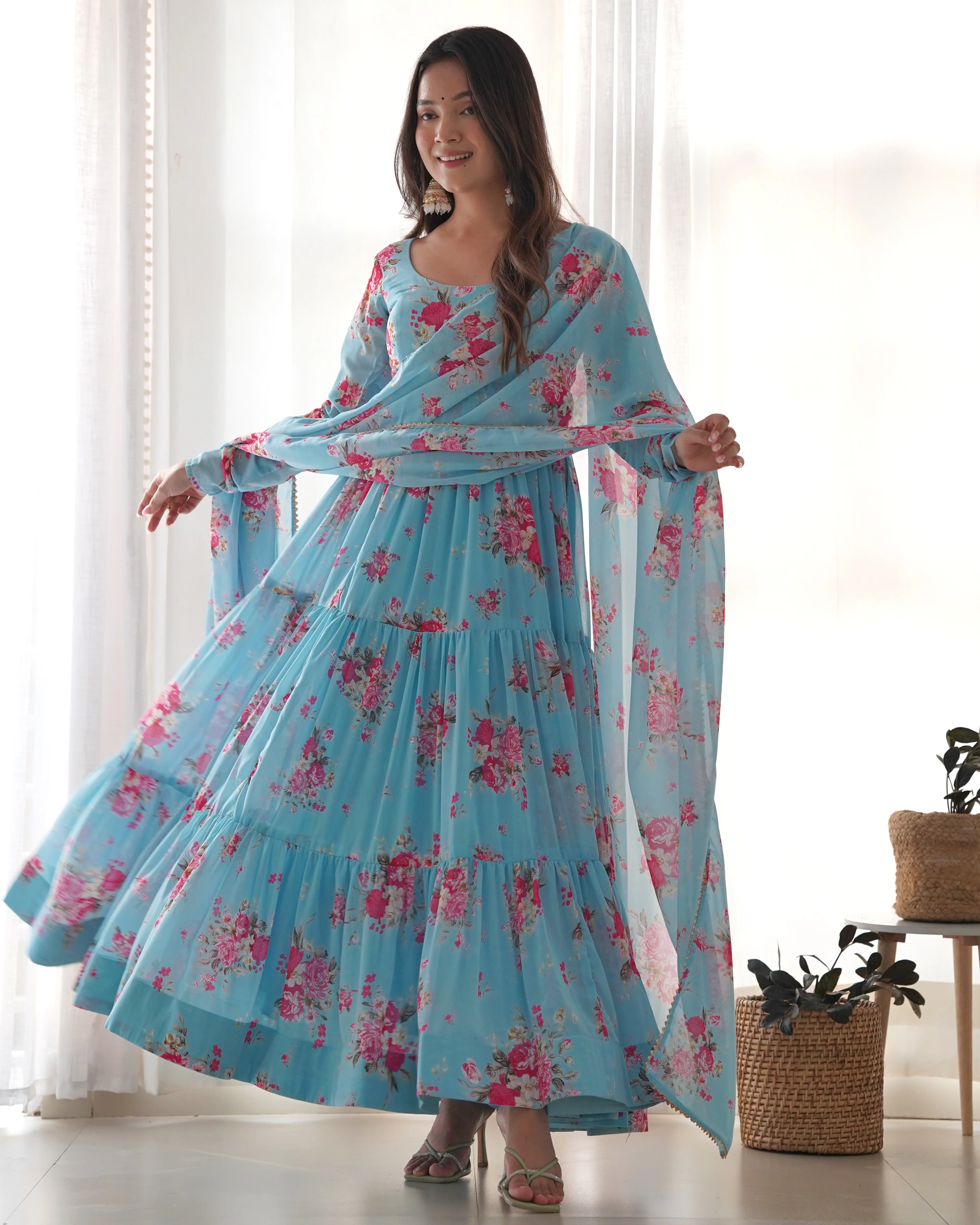 Digitally Printed Pure Soft Faux Georgette Anarkali Suit With Huge Flair Comes With Duppatta & Pant - Image 8