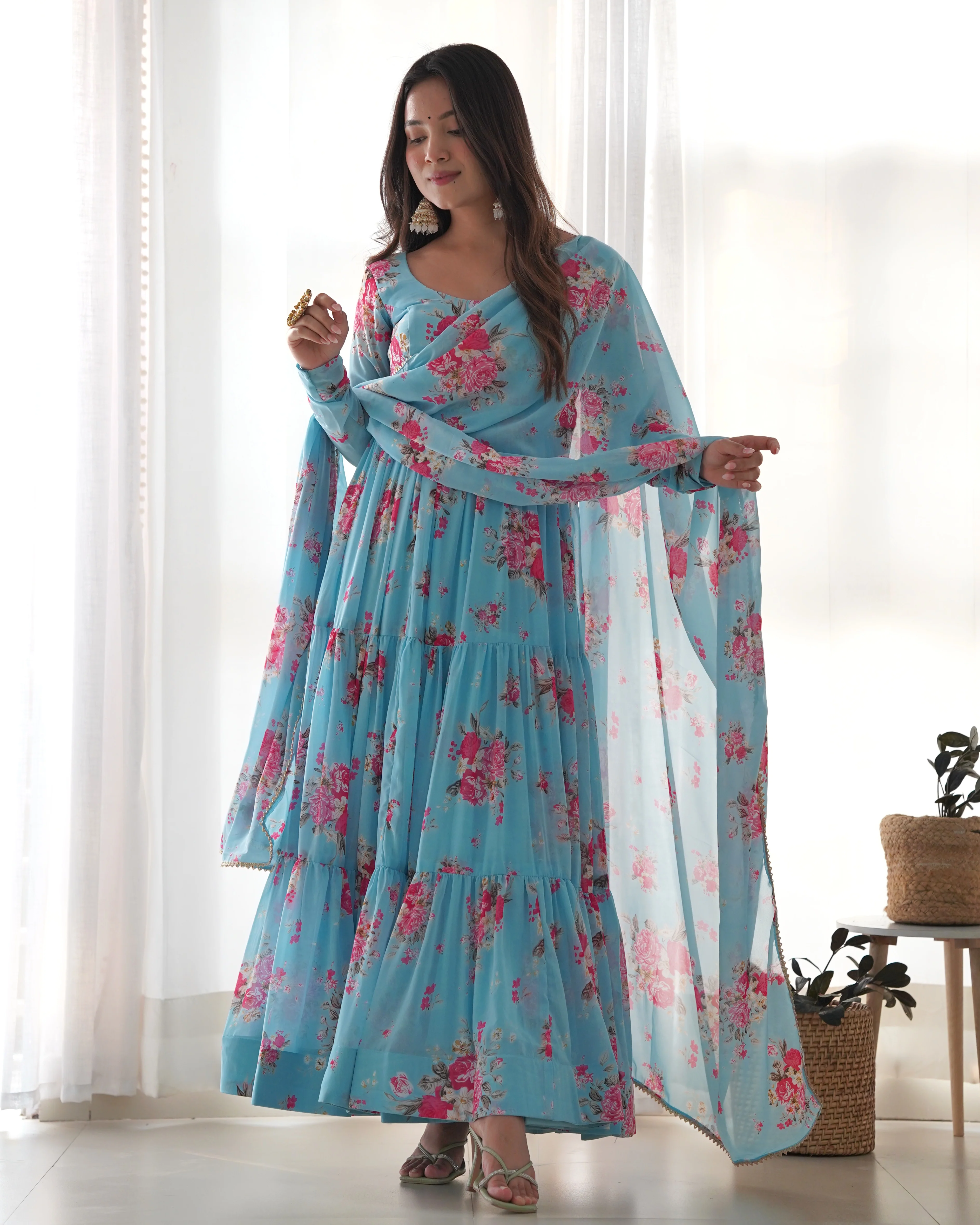 Digitally Printed Pure Soft Faux Georgette Anarkali Suit With Huge Flair Comes With Duppatta & Pant - Image 9