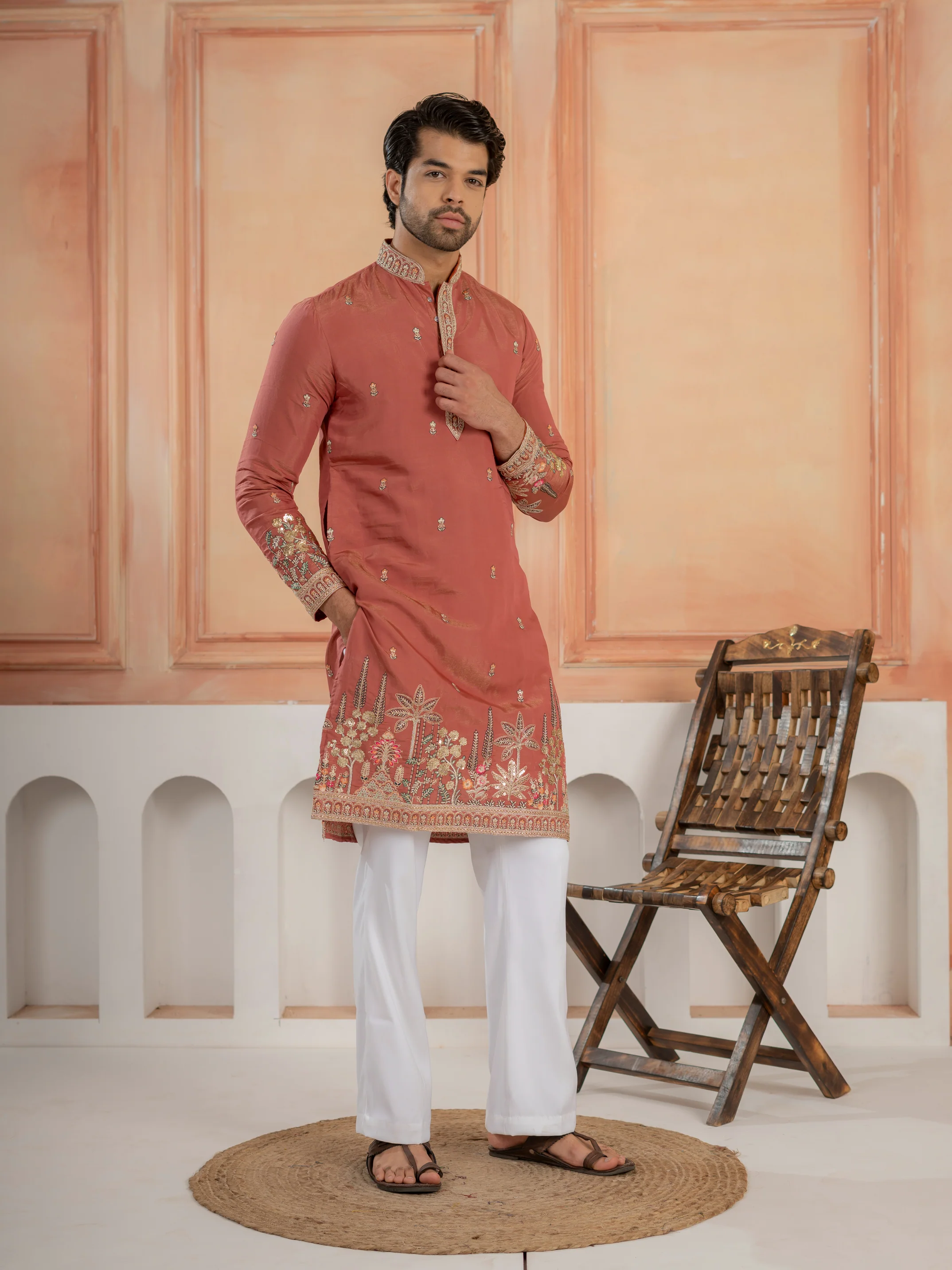 Dusty Orange Roman Shimmer Multi Colour Embroidery Work Kurta Set