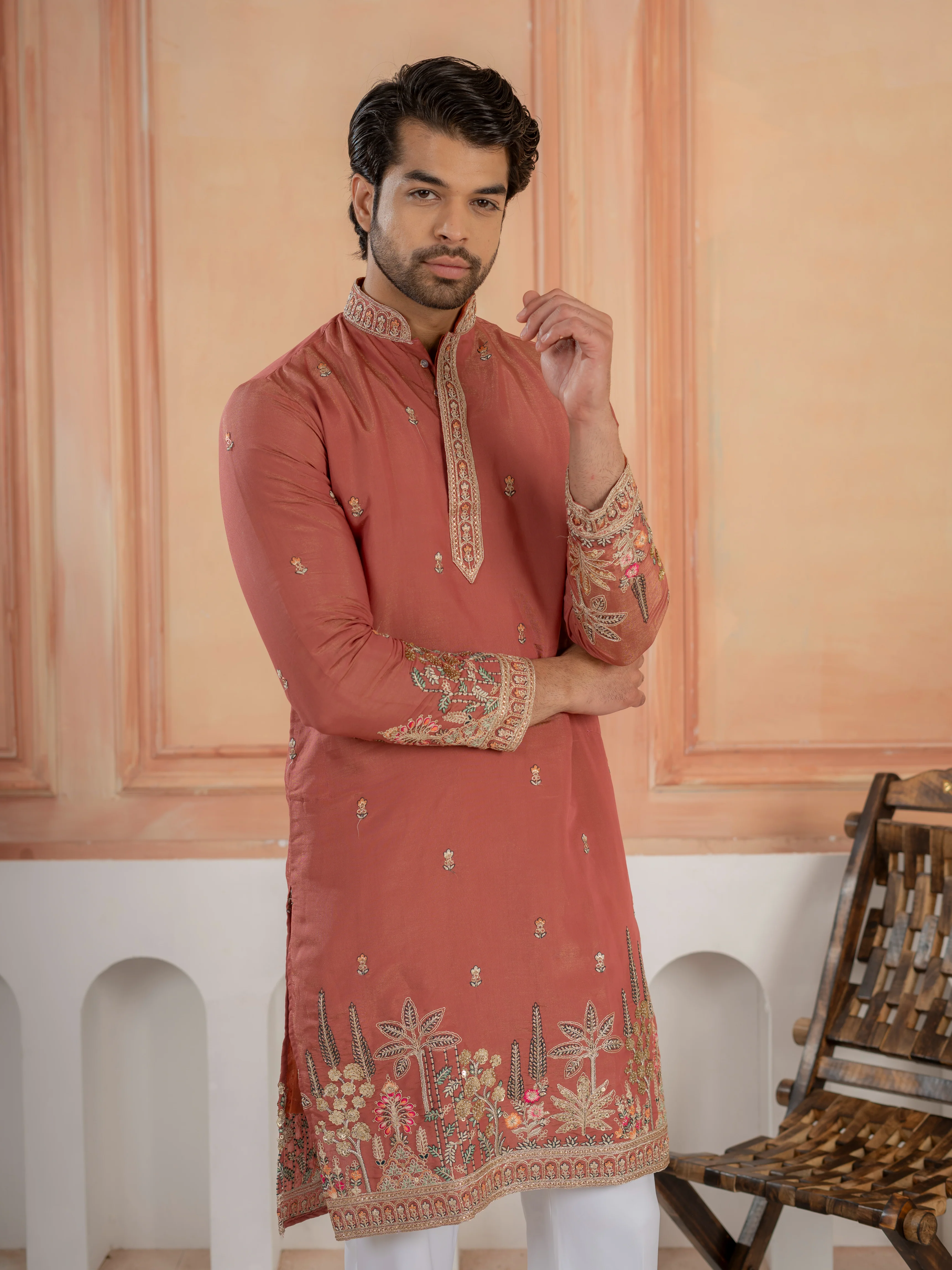 Dusty Orange Roman Shimmer Multi Colour Embroidery Work Kurta Set - Image 2