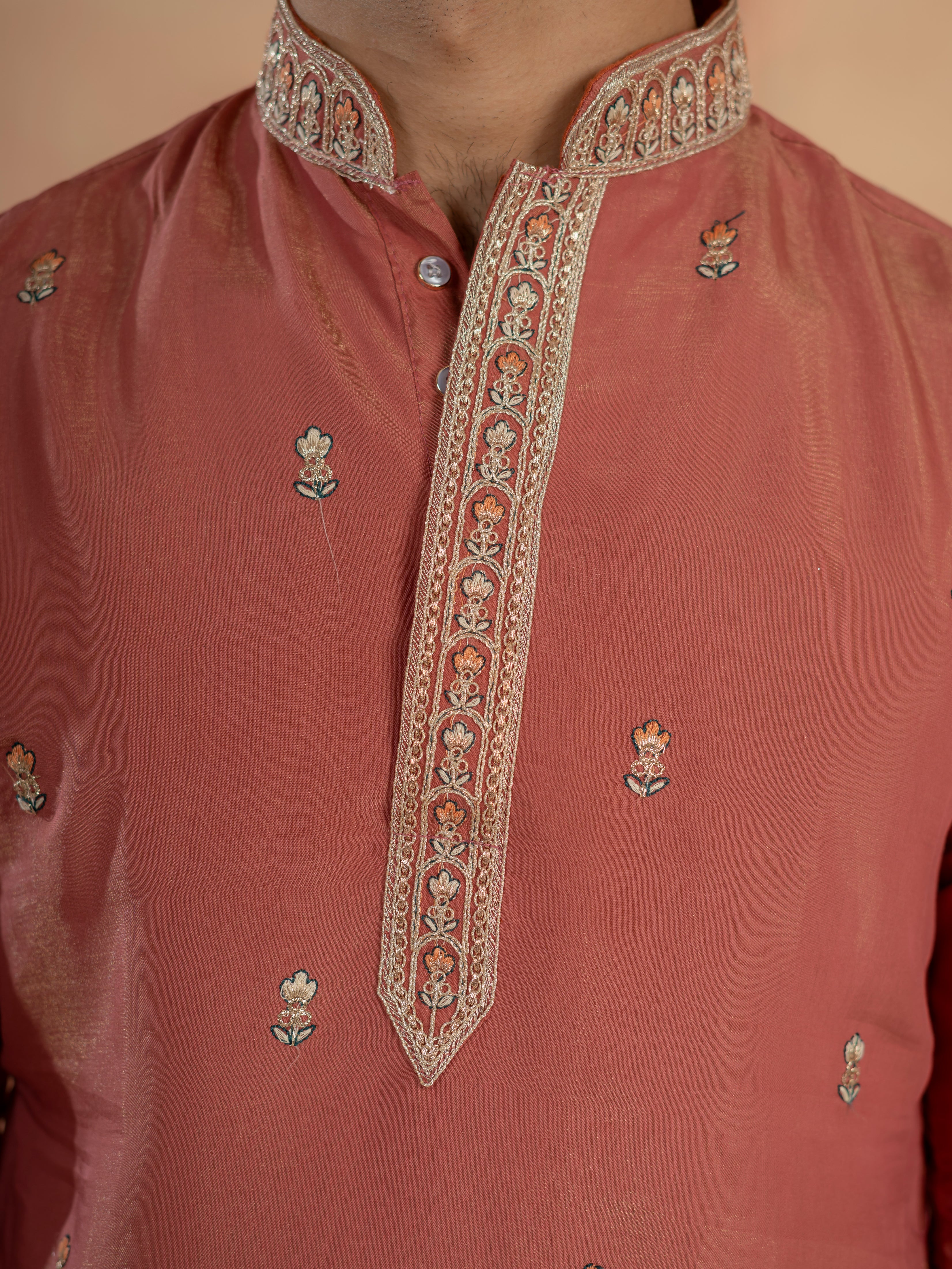 Dusty Orange Roman Shimmer Multi Colour Embroidery Work Kurta Set - Image 3