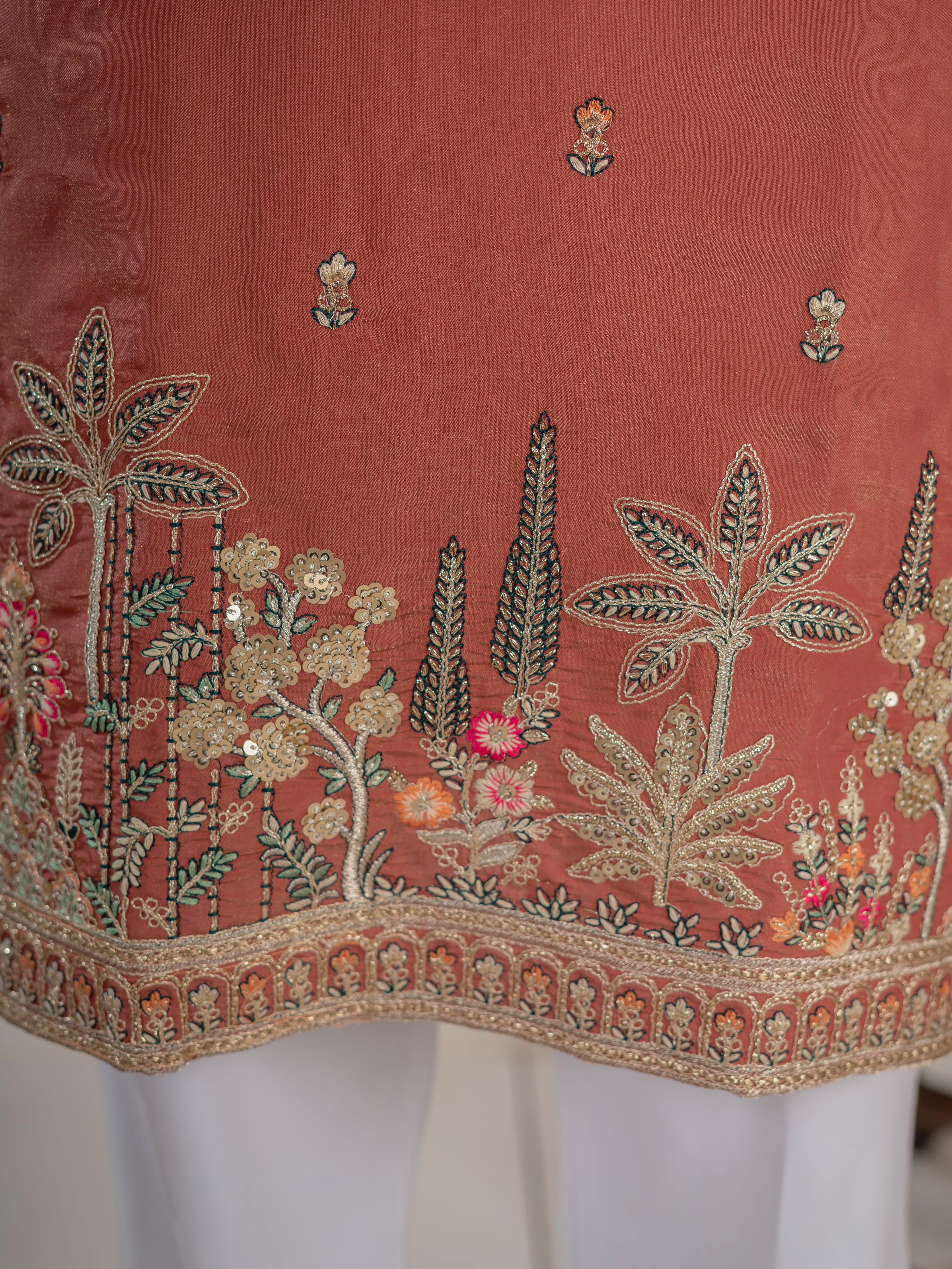 Dusty Orange Roman Shimmer Multi Colour Embroidery Work Kurta Set - Image 4