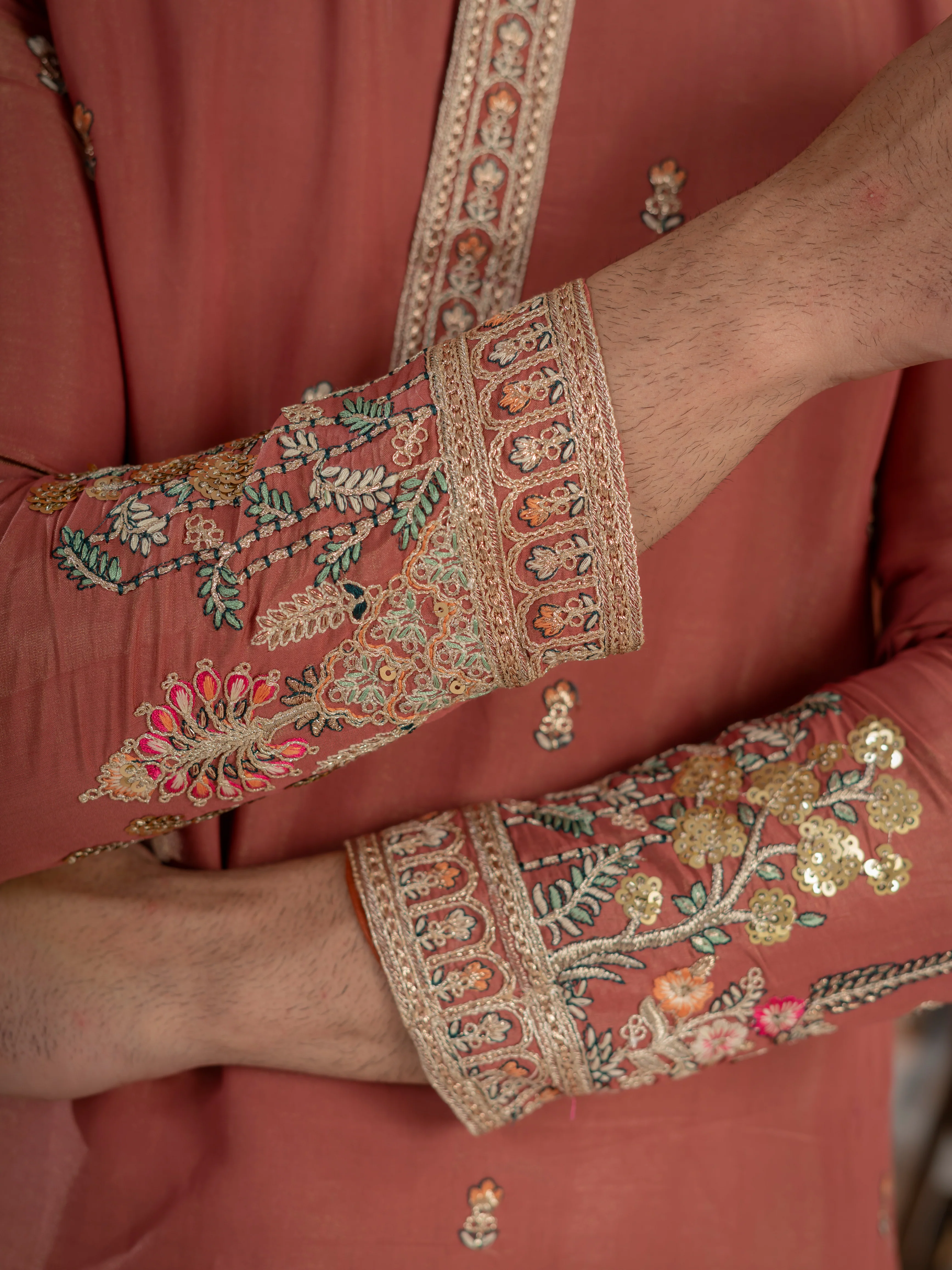 Dusty Orange Roman Shimmer Multi Colour Embroidery Work Kurta Set - Image 5