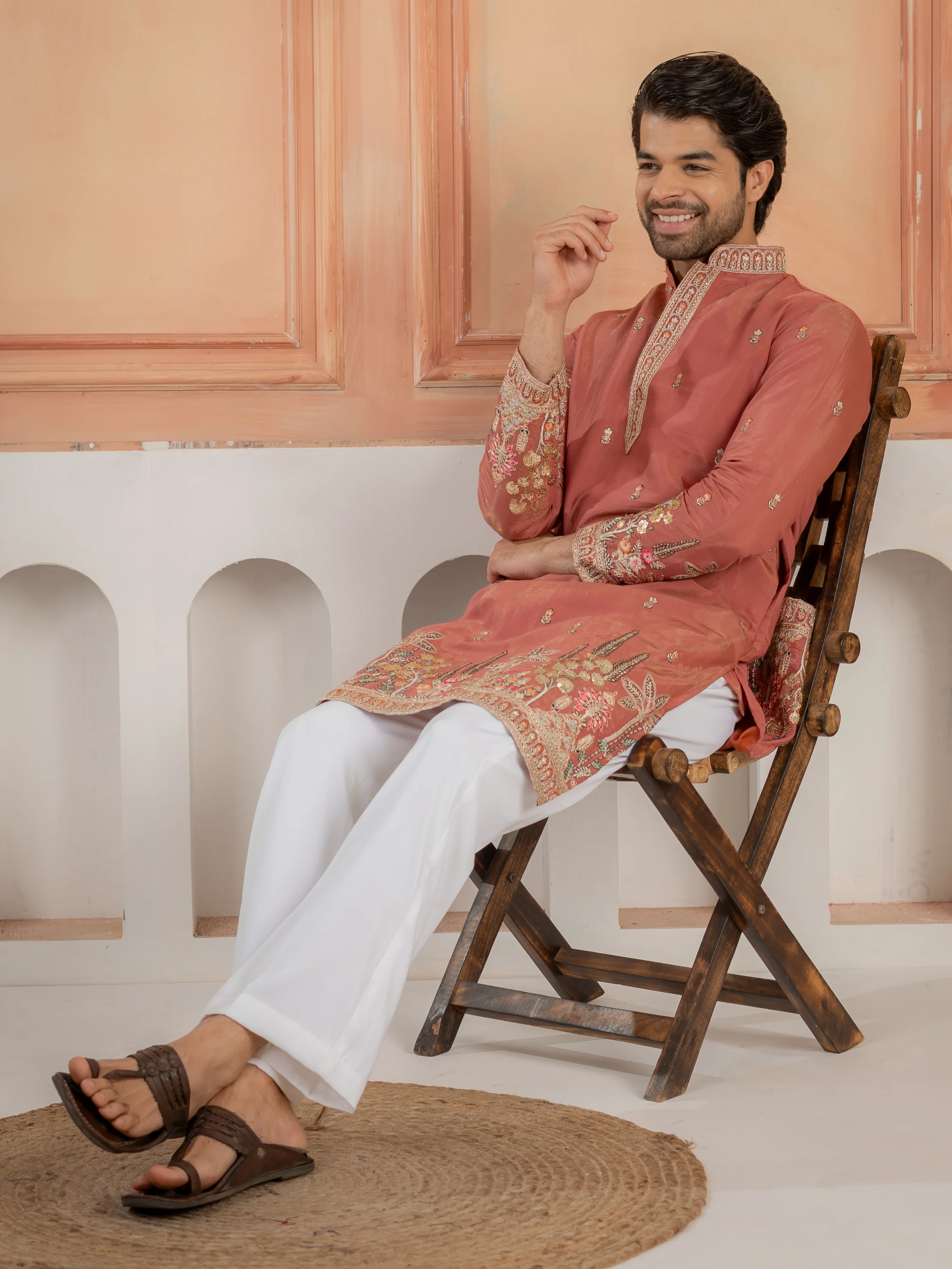 Dusty Orange Roman Shimmer Multi Colour Embroidery Work Kurta Set - Image 6
