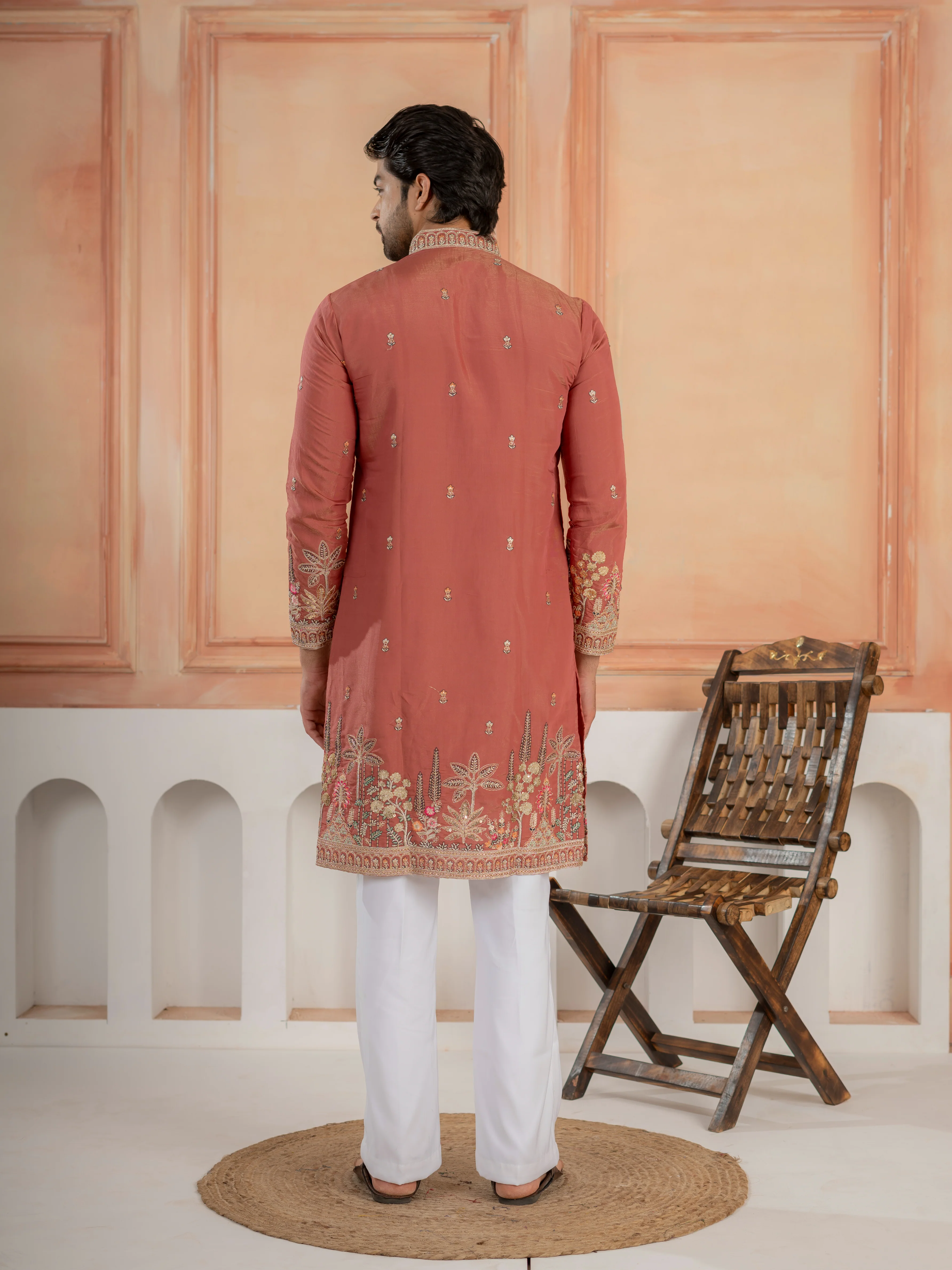Dusty Orange Roman Shimmer Multi Colour Embroidery Work Kurta Set - Image 7