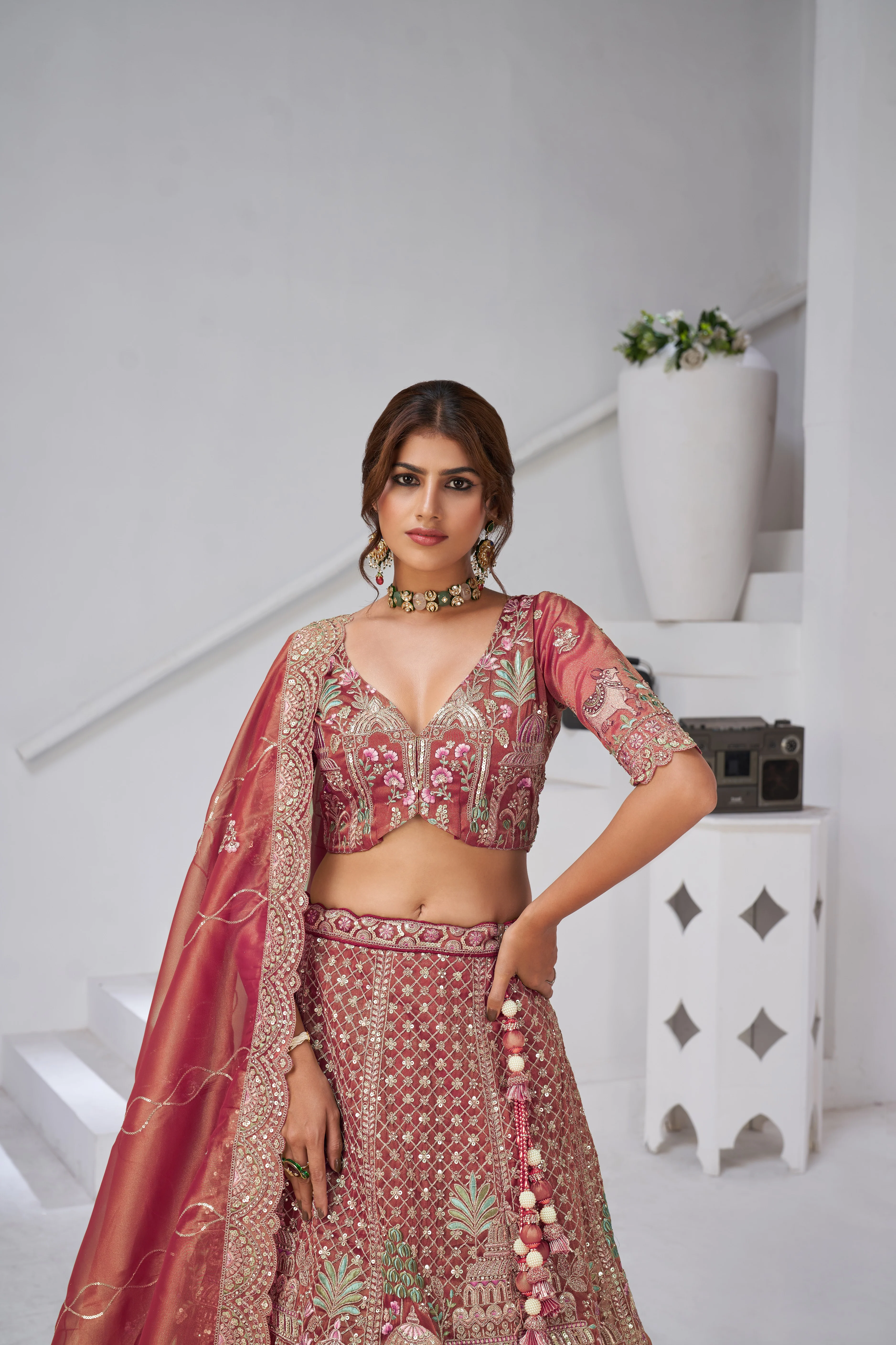 Dusty Pink Divine Grandeur Royal Raw Silk Bridal Lehenga Set - Image 3