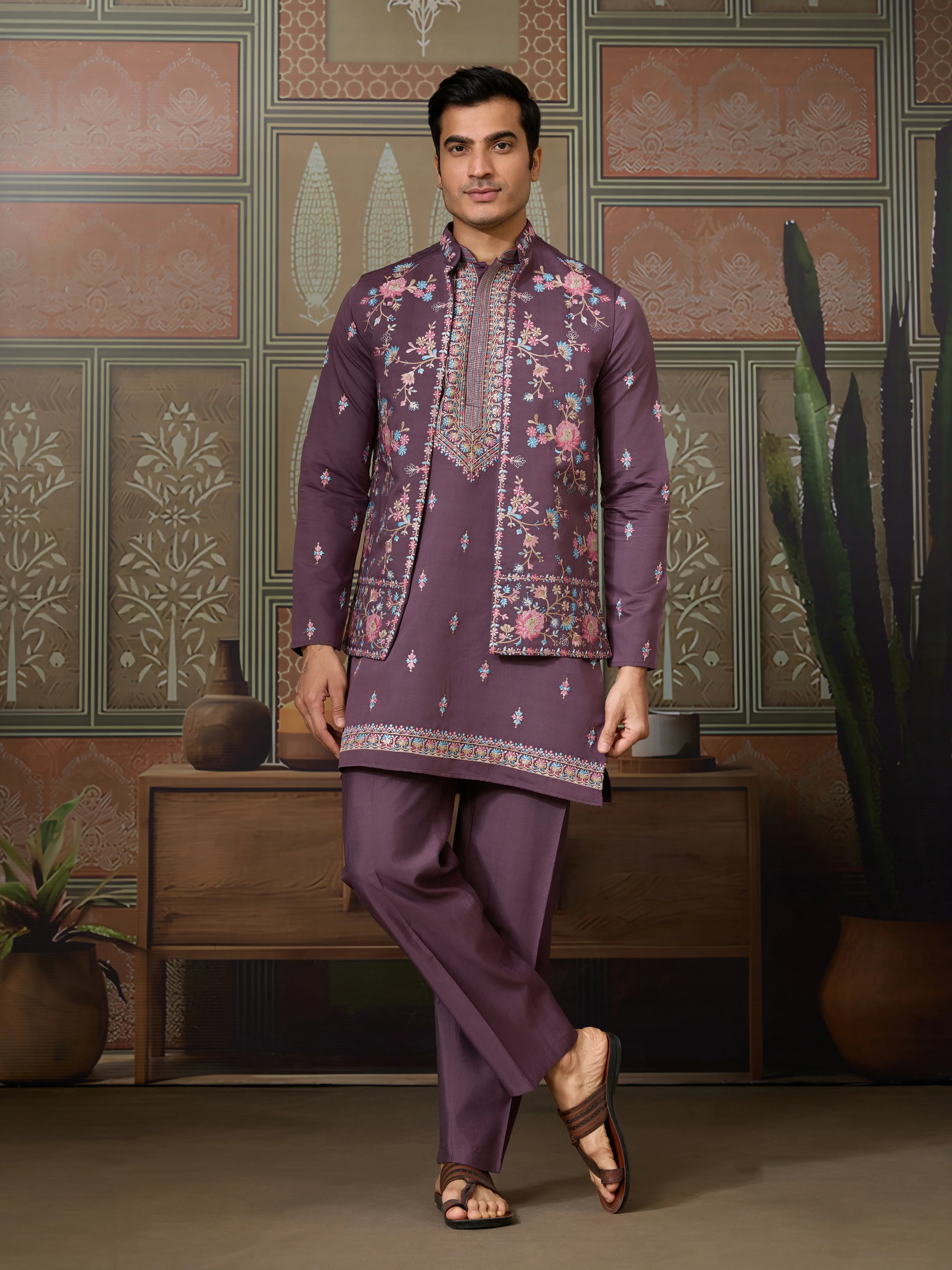 Dusty Purple Wedding Kurta with Matching Koti Set for men - Image 4
