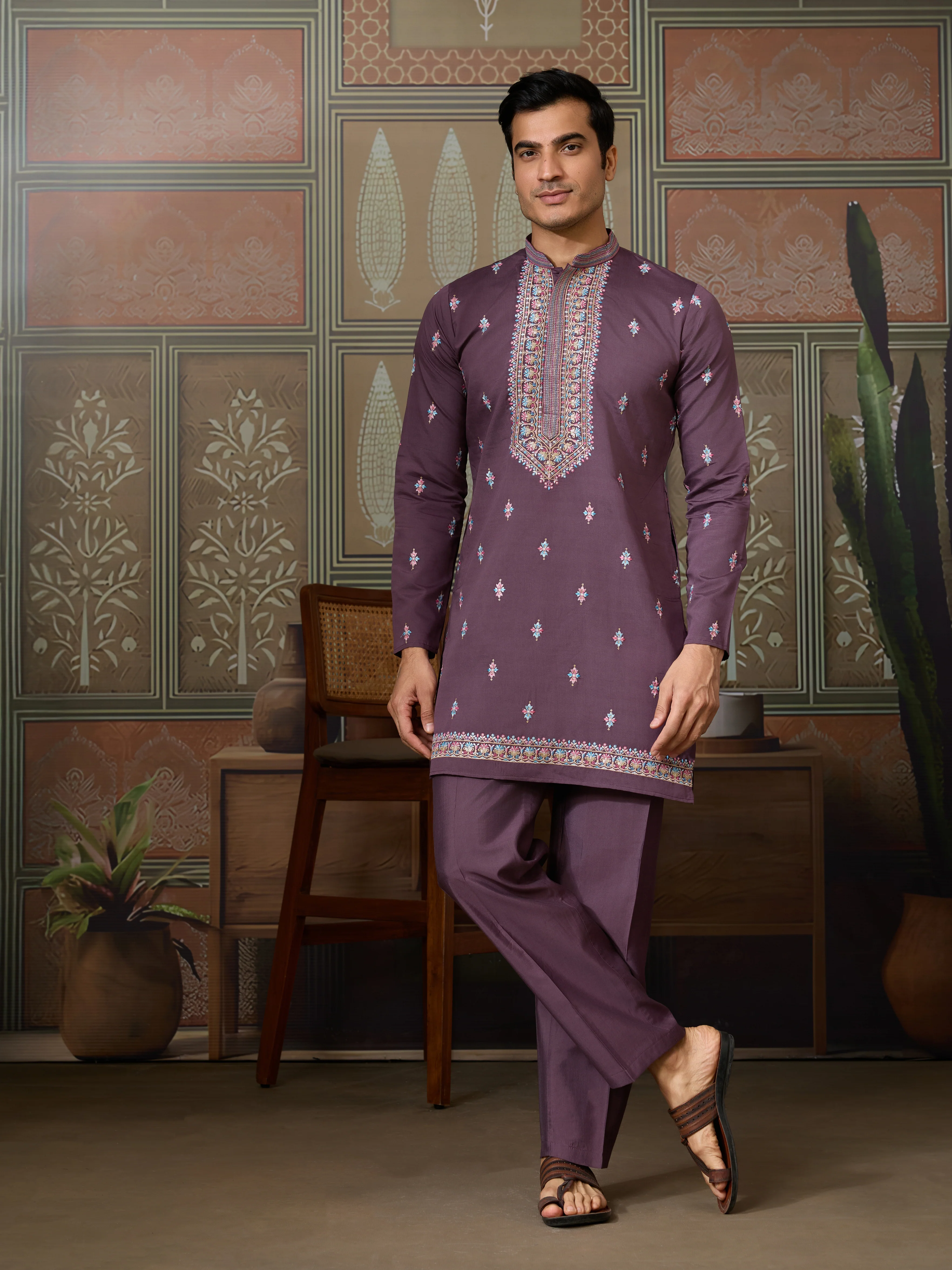 Dusty Purple Wedding Kurta with Matching Koti Set for men - Image 5