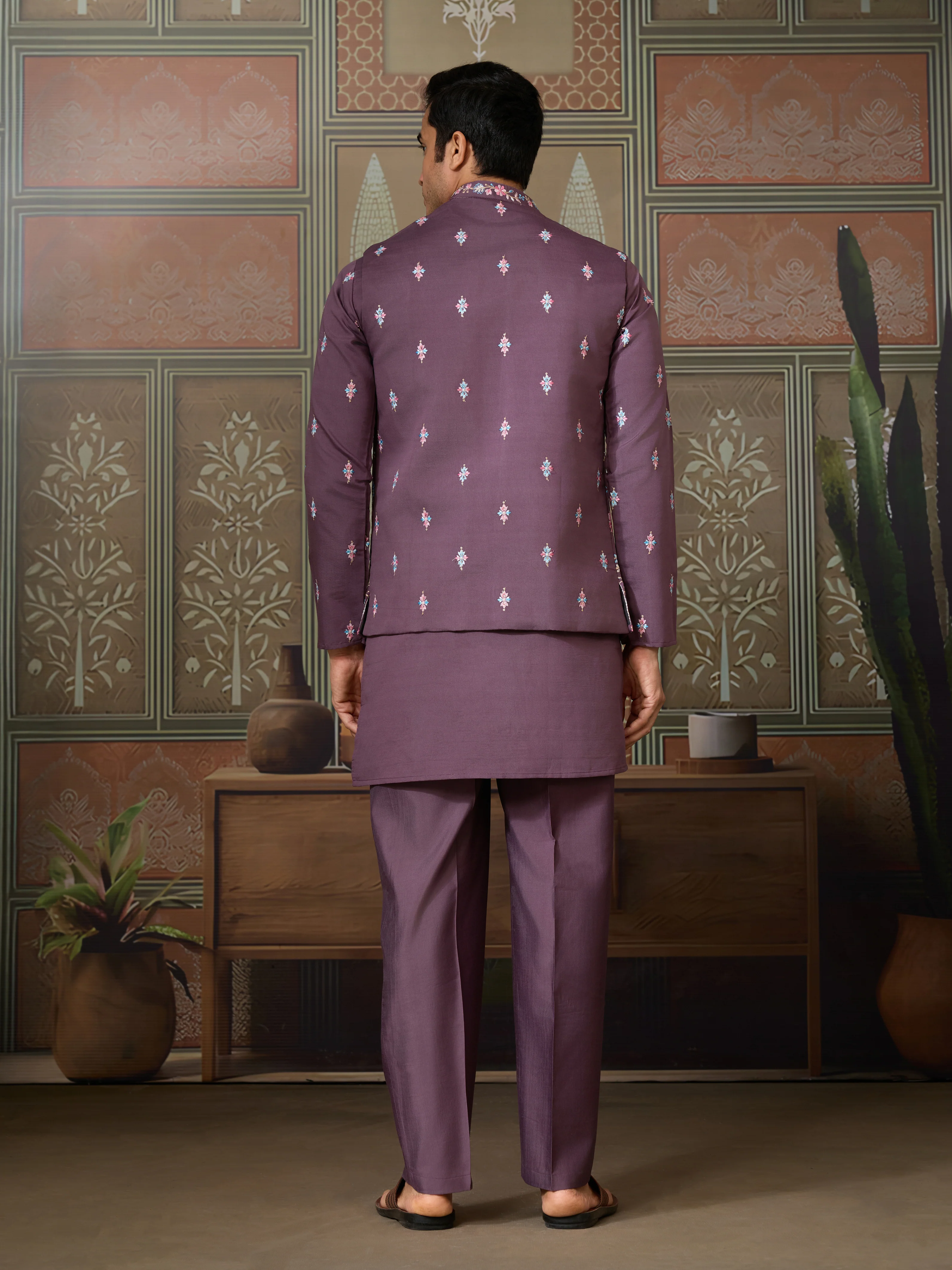 Dusty Purple Wedding Kurta with Matching Koti Set for men - Image 6
