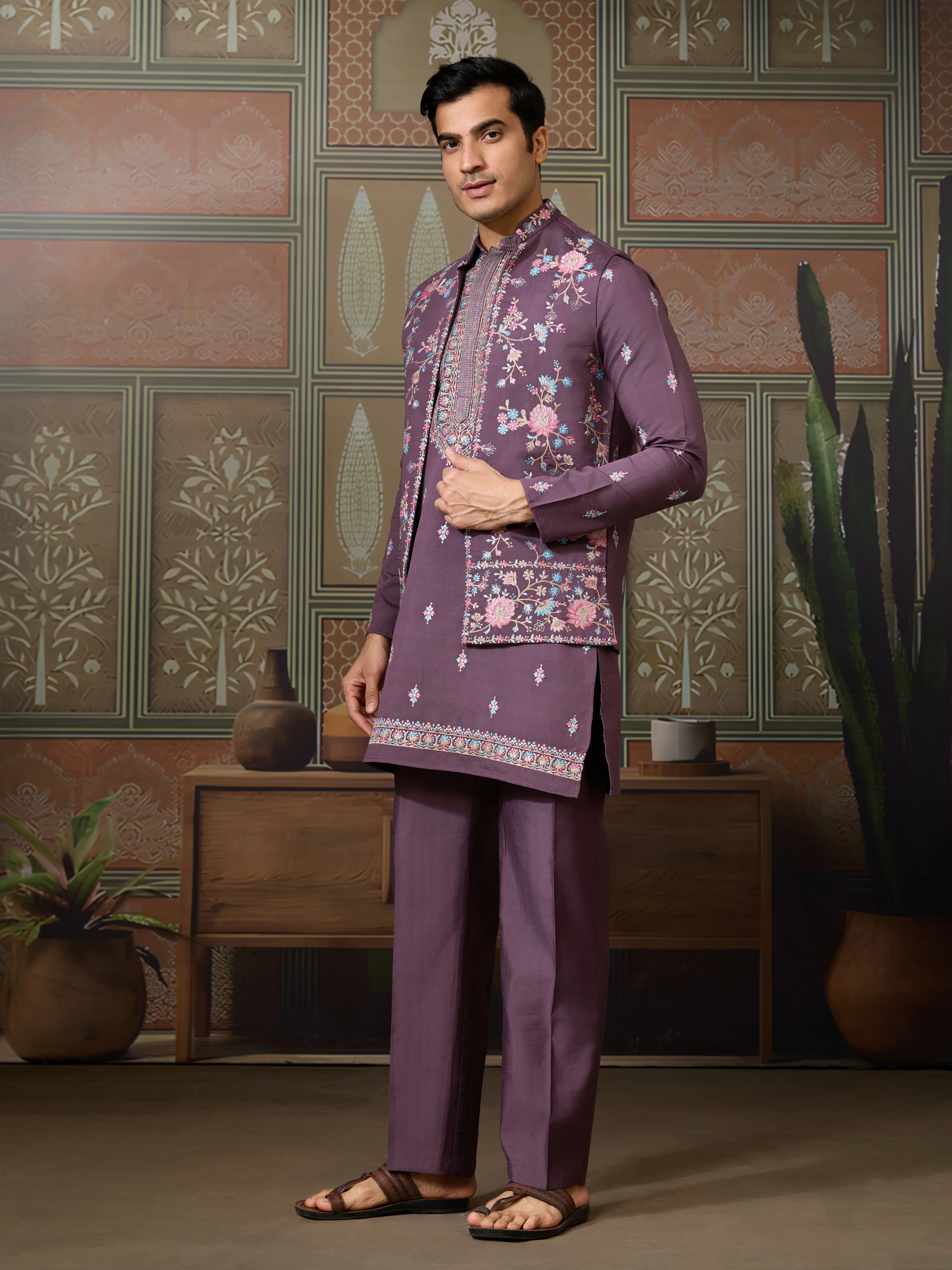 Dusty Purple Wedding Kurta with Matching Koti Set for men - Image 7