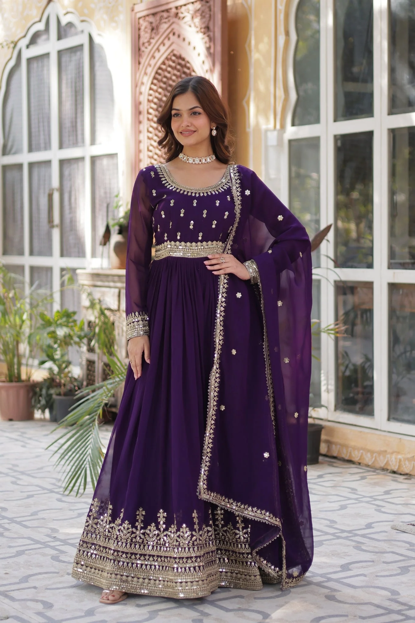 Elegance Luxury Designer Embroidered Work Gown With Dupatta Set - Image 17