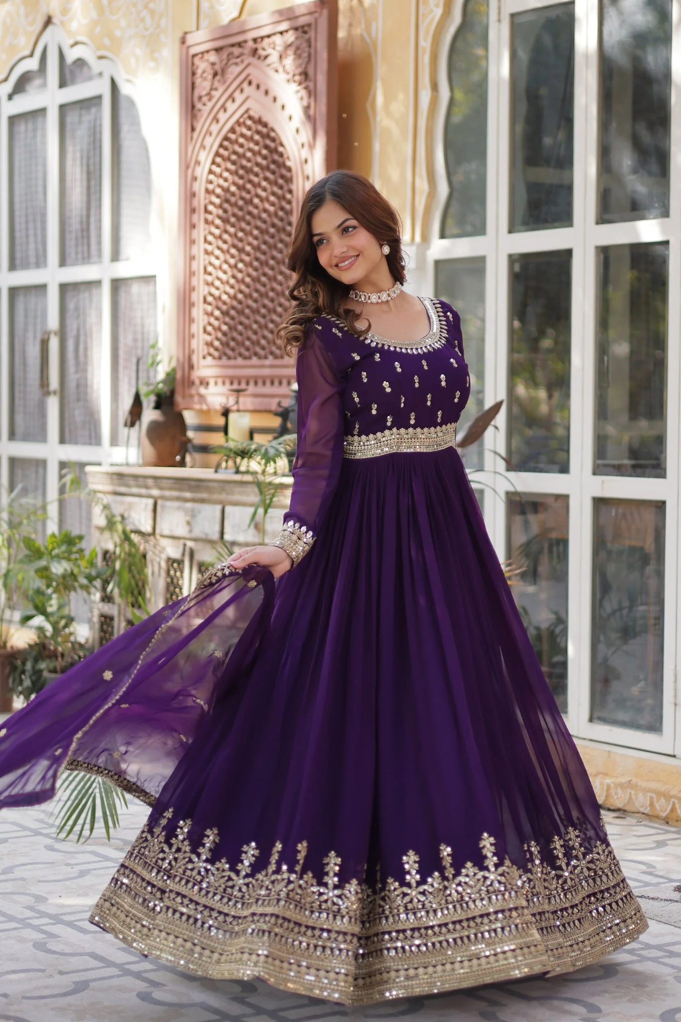 Elegance Luxury Designer Embroidered Work Gown With Dupatta Set - Image 18