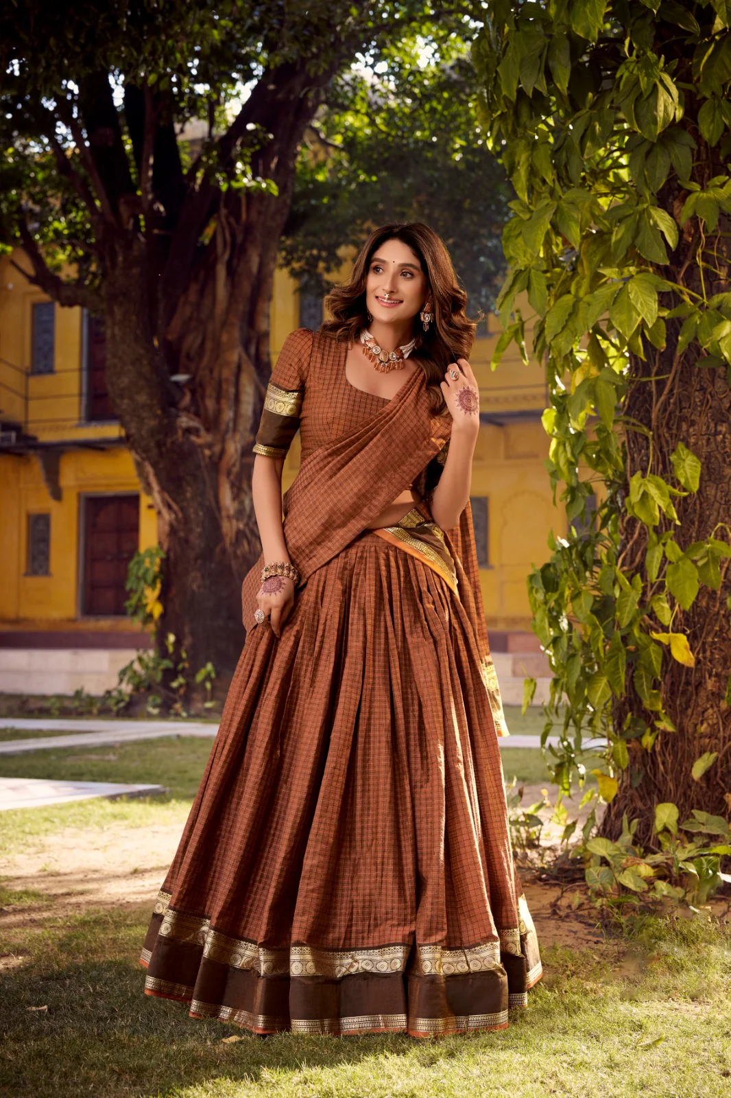 Elegant Chettinad Cotton With Zari Detailing Lehenga Set with Dupatta - Image 2