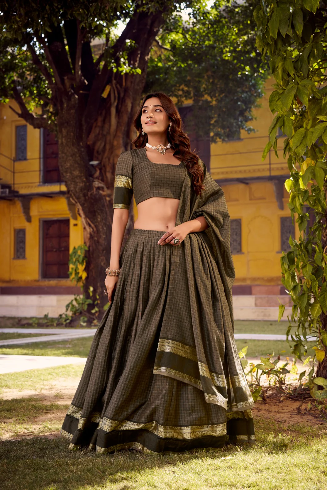 Elegant Chettinad Cotton With Zari Detailing Lehenga Set with Dupatta - Image 4