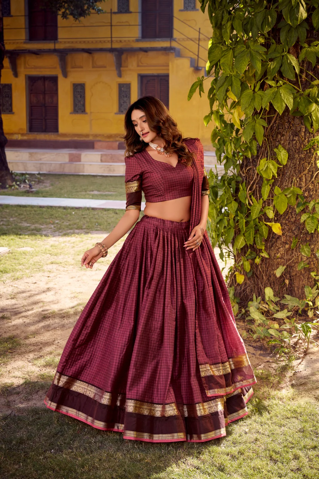 Elegant Chettinad Cotton With Zari Detailing Lehenga Set with Dupatta - Image 7