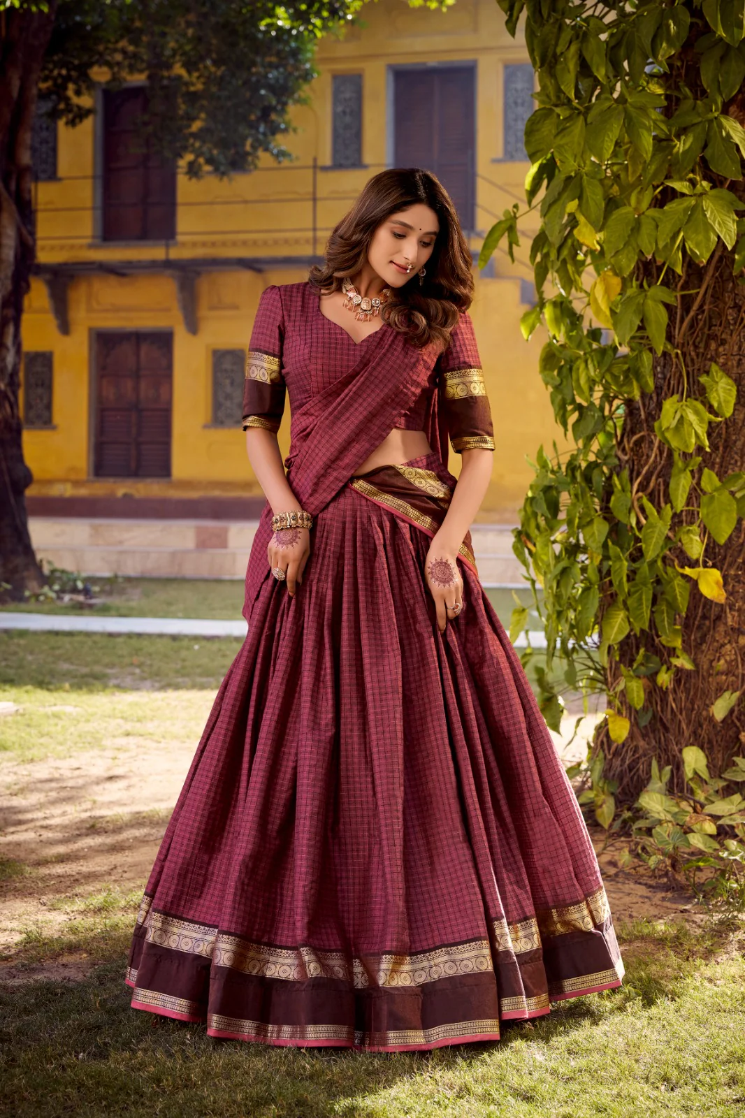 Elegant Chettinad Cotton With Zari Detailing Lehenga Set with Dupatta - Image 8