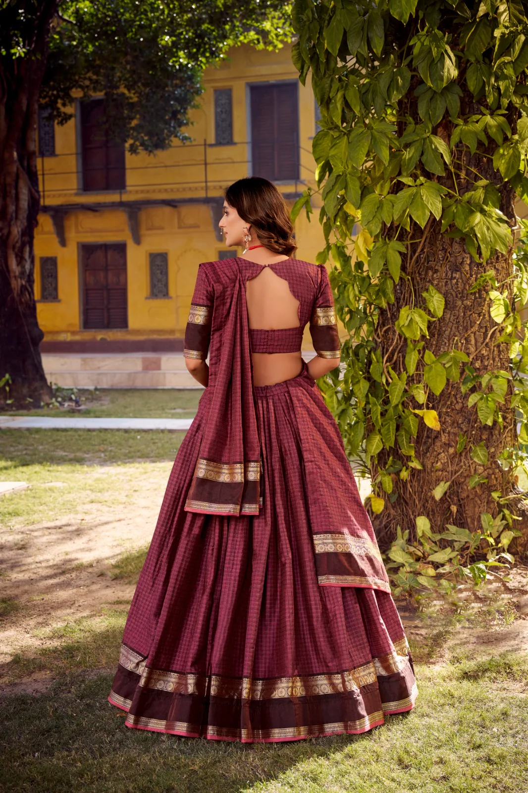 Elegant Chettinad Cotton With Zari Detailing Lehenga Set with Dupatta - Image 9