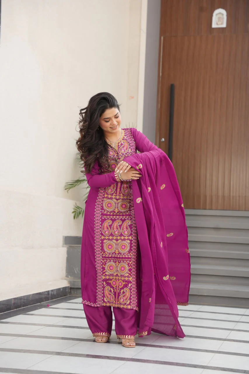 Elegant Chinnon Silk Embroidered Top Pant Set with Dupatta - Image 7