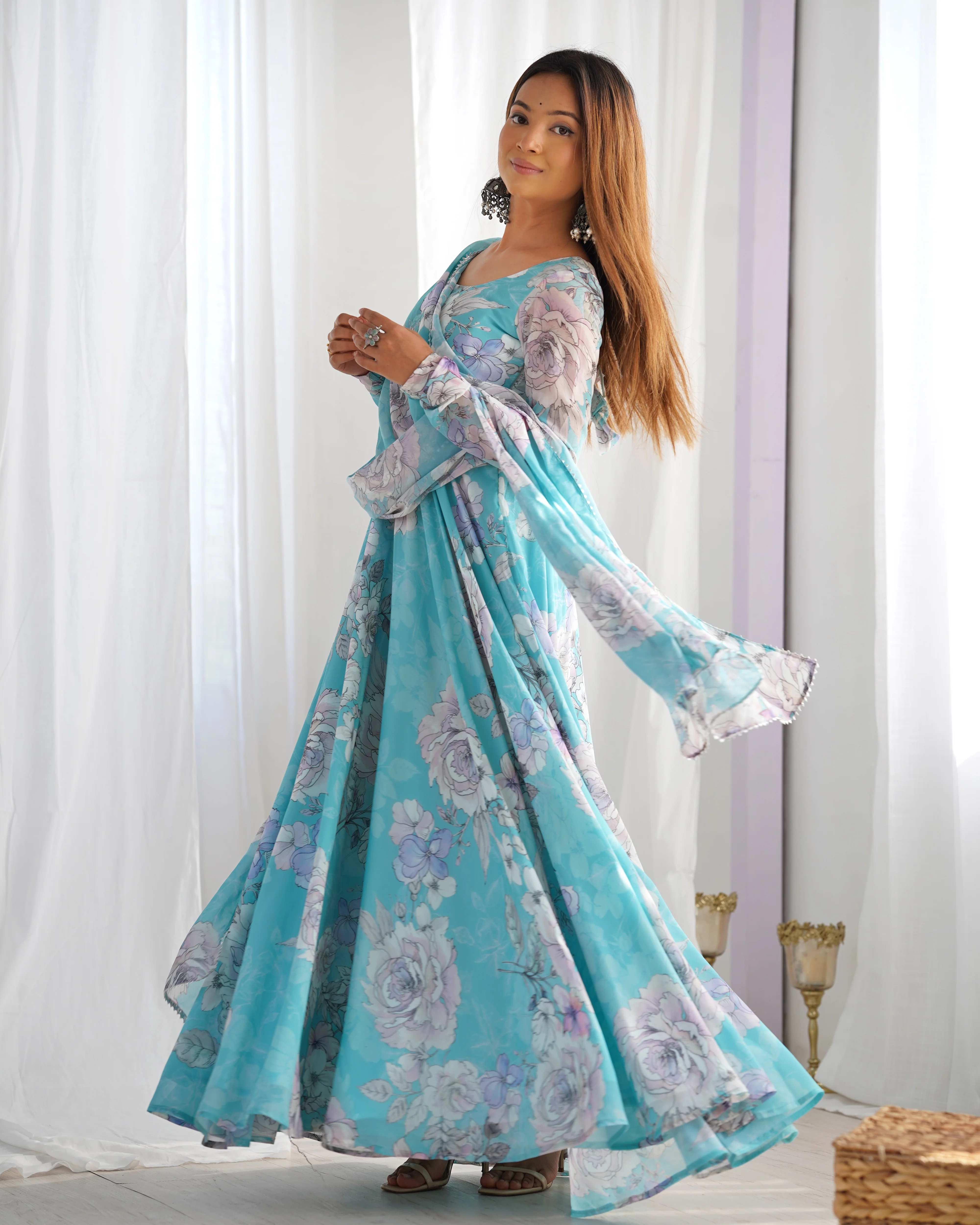 Elegant Fox Georgette Floral Anarkali Gown Set with Dupatta - Image 2
